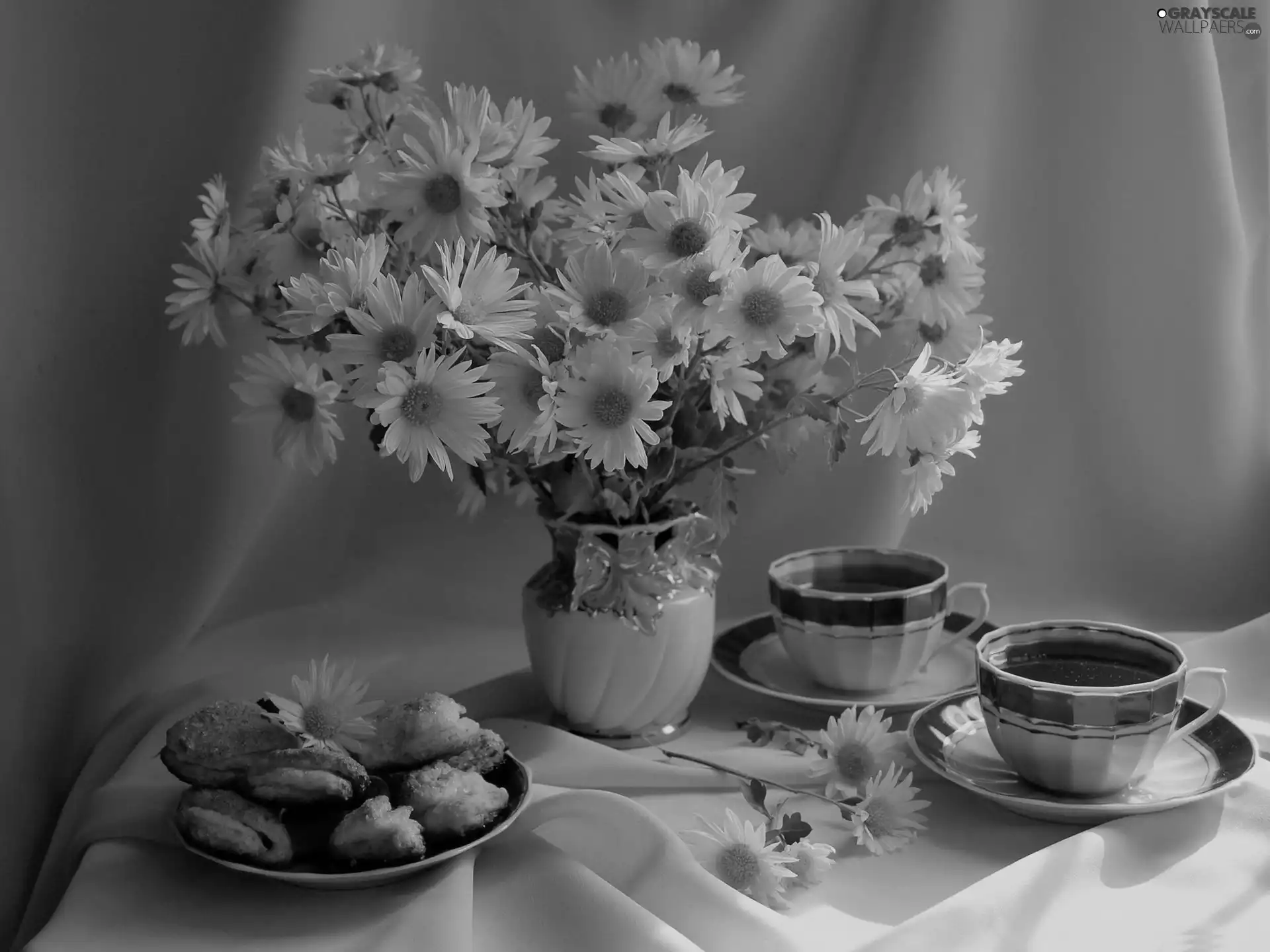 daisy, tea, Cookies, cups