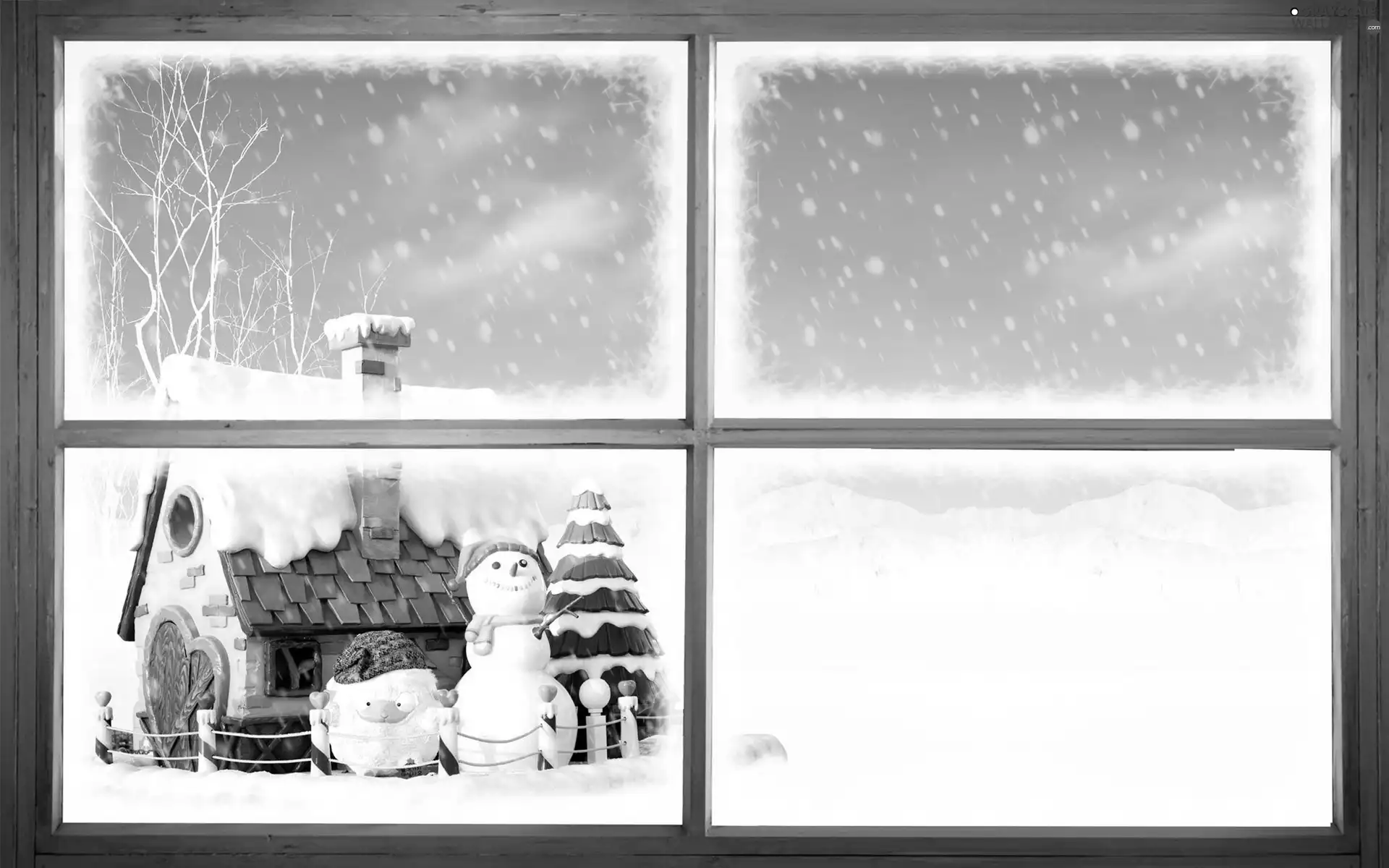 Cottage, Snowman, winter, snow, Window