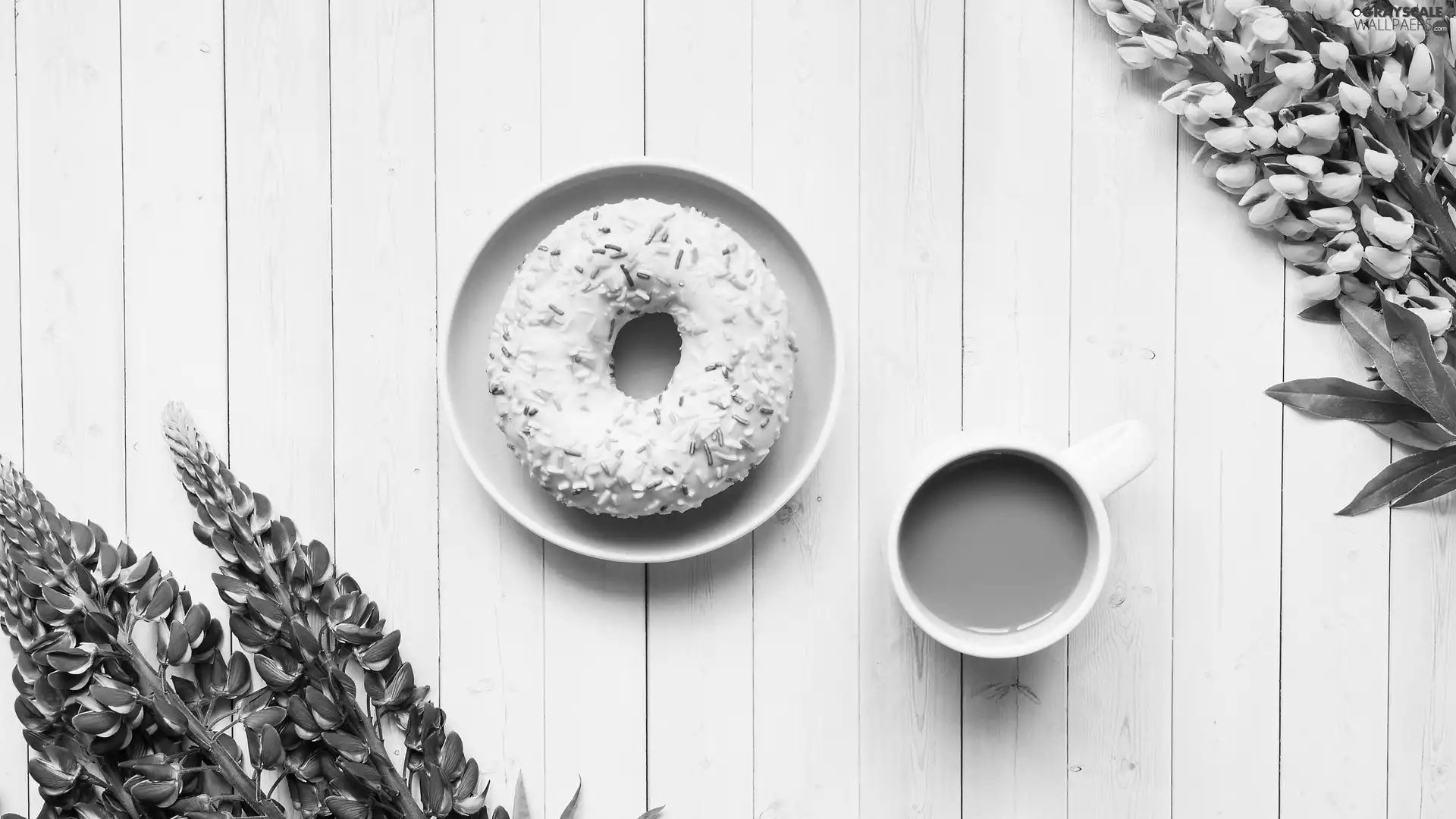 Cup, coffee, boarding, Colourfull Flowers, White, Donut, doughnut, lupine