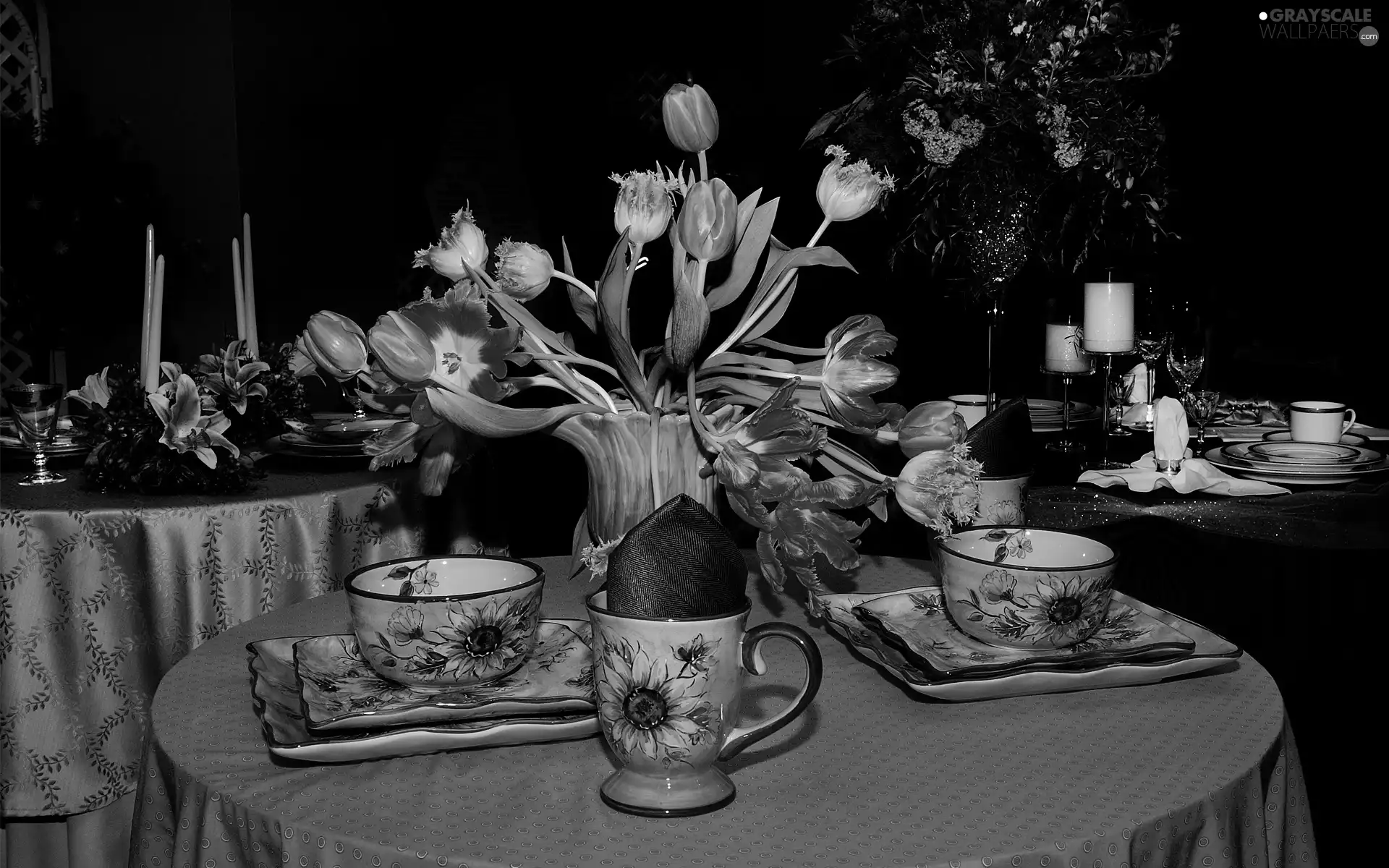cups, Plates, Tulips, Vase, Table