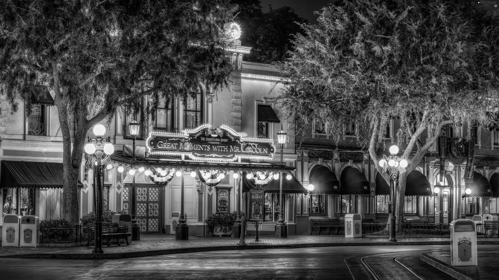 Disneyland, California, illuminated, Street, Houses