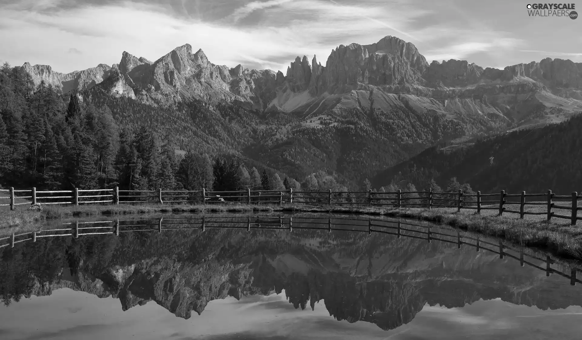 Dolomites, Mountains, Pond - car, fence, reflection, Italy, viewes, clouds, trees