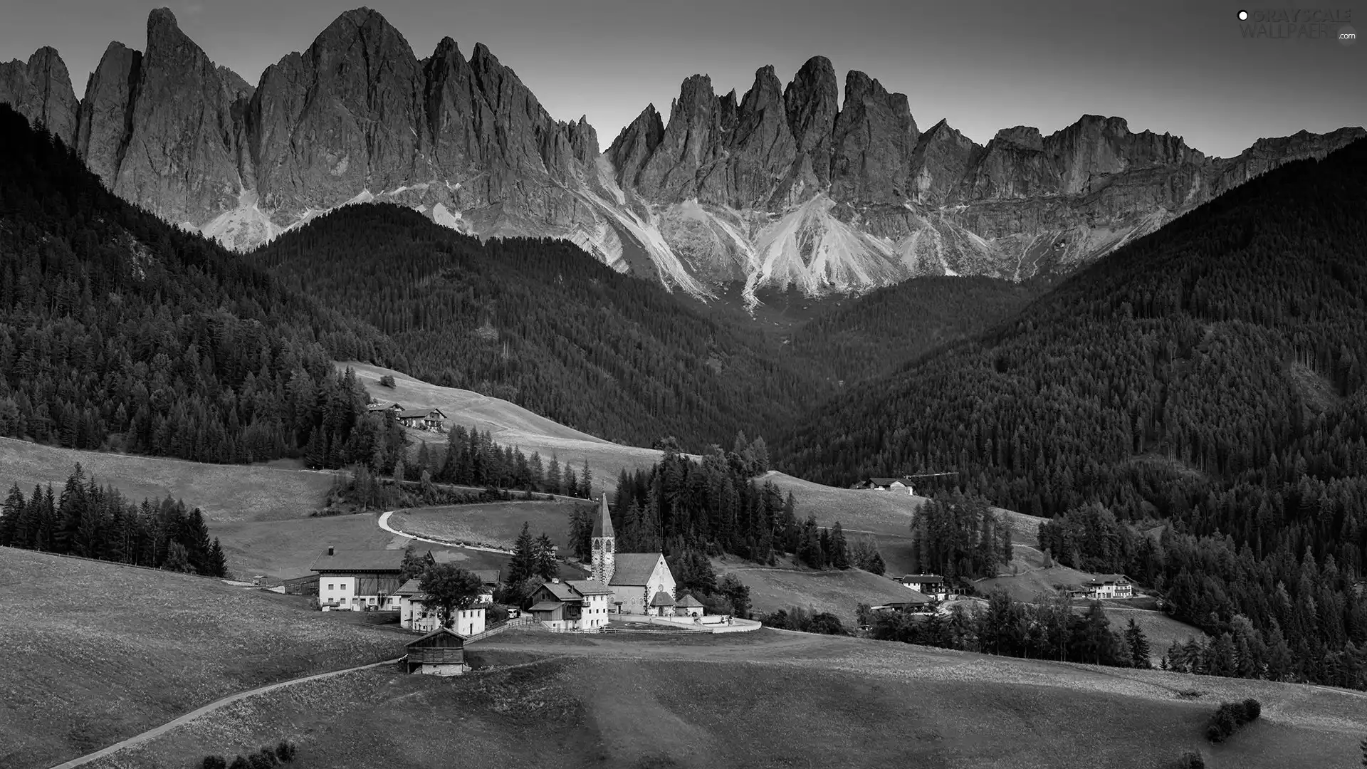 Massif Odle, Mountains, woods, Santa Maddalena, country, trees, Church, Italy, viewes, Houses, Val di Funes Valley, Dolomites