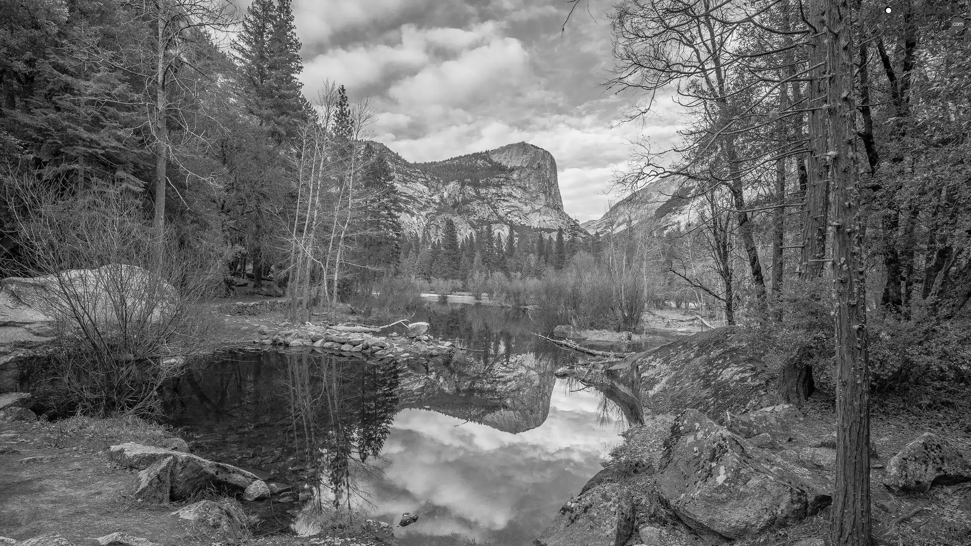 Mountains, Yosemite National Park, Half Dome Peak, rocks, State of California, The United States, viewes, Mirror Lake, trees