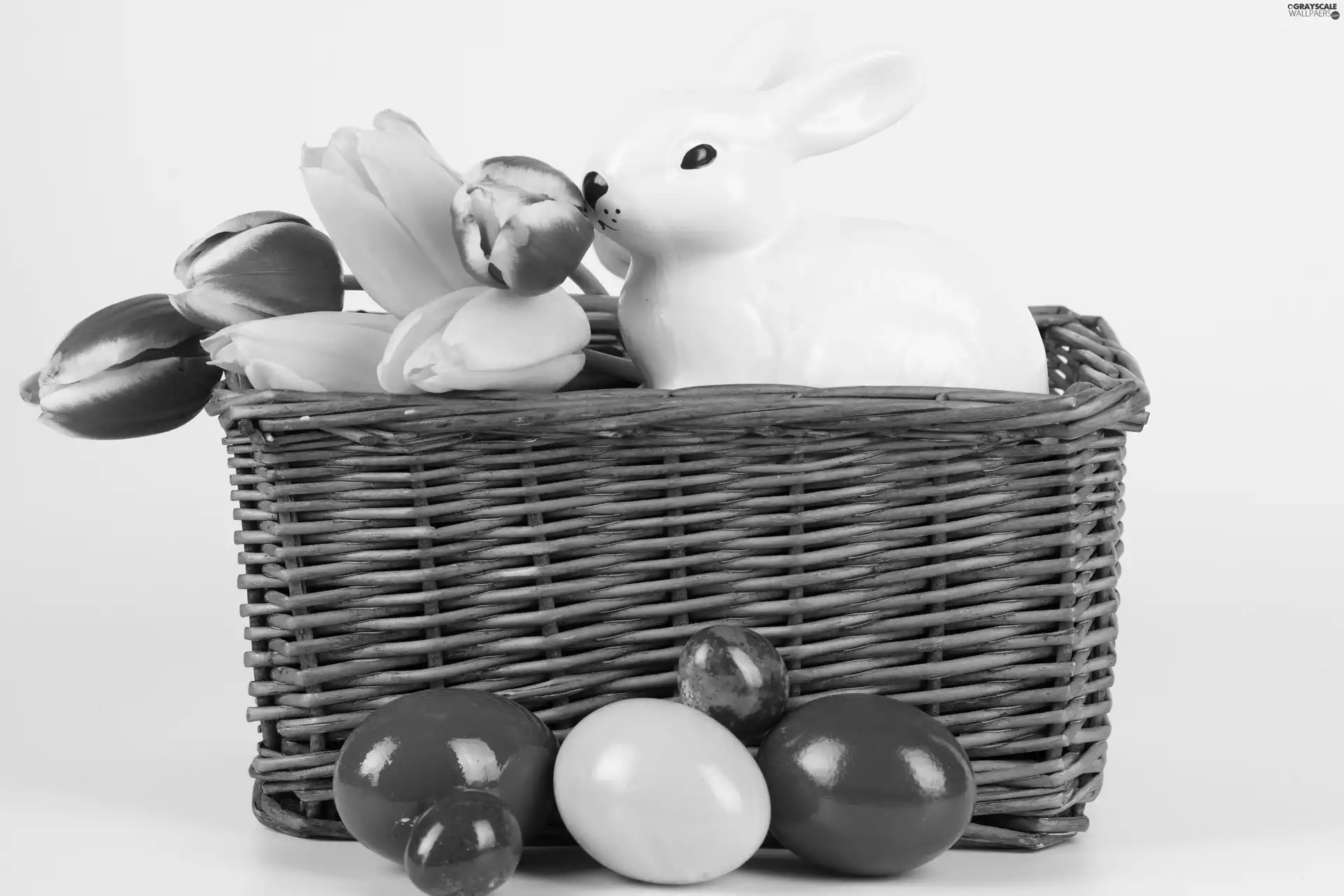 basket, porcelain, easter, eggs, Tulips, rabbit
