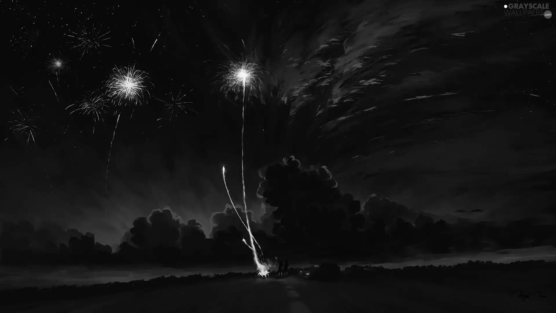 People, fireworks, Night, clouds, graphics