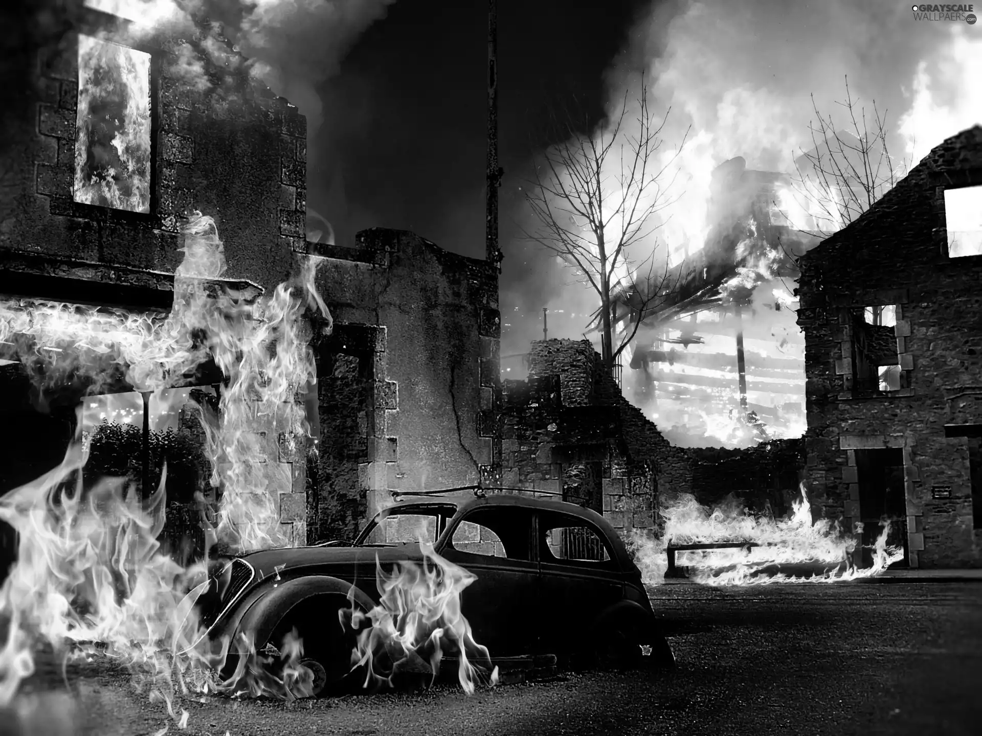 Flames, ruins, Automobile