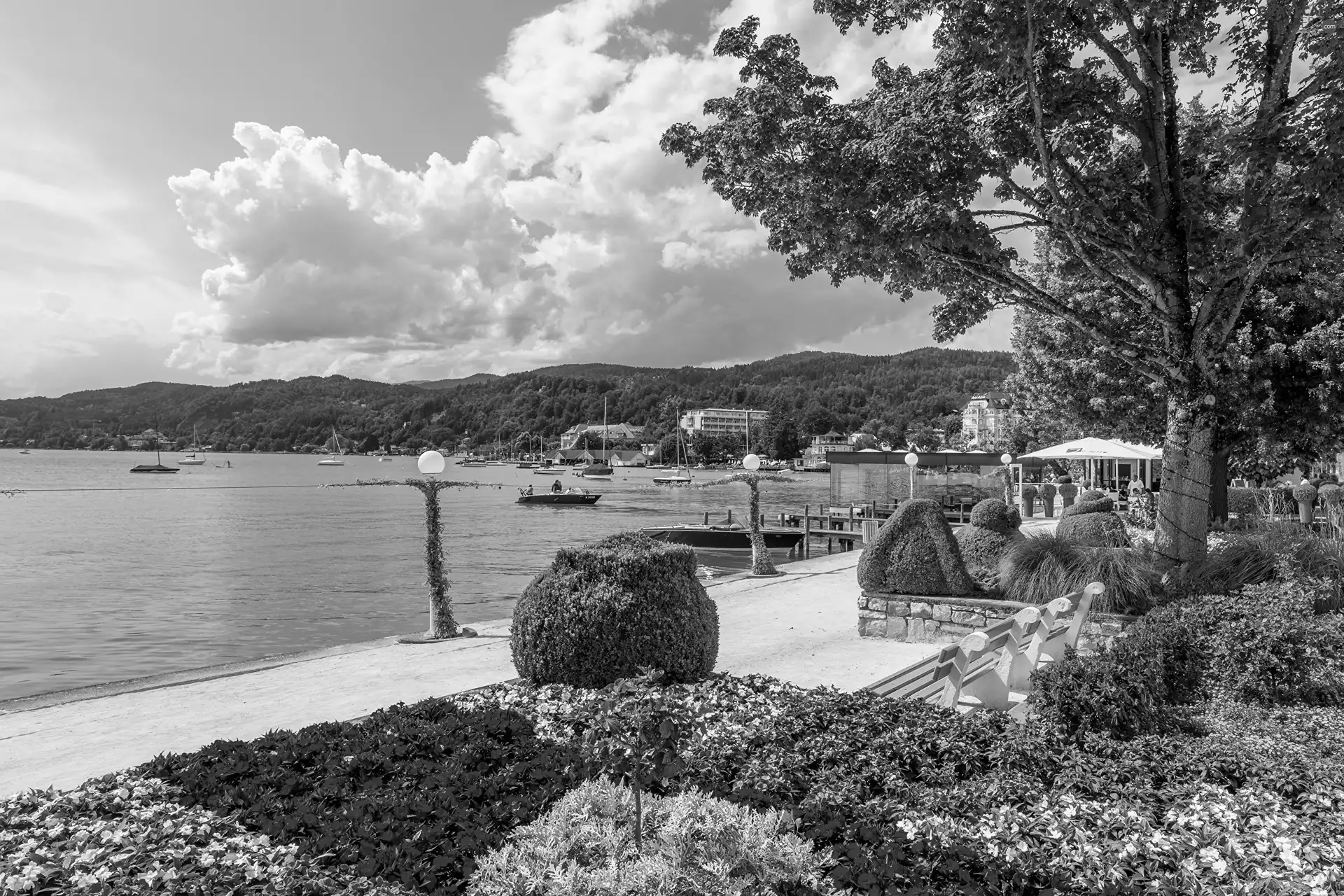 Flower-beds, Flowers, trees, viewes, Harbour, clouds, lake, Boats, Mountains