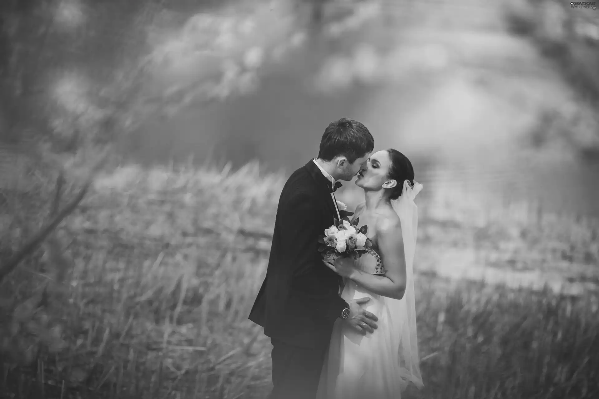 bunch, young, kiss, marriage, Steam, Flowers, blur
