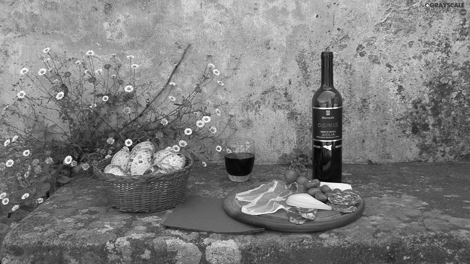 Bottle, bread, Flowers, Wines