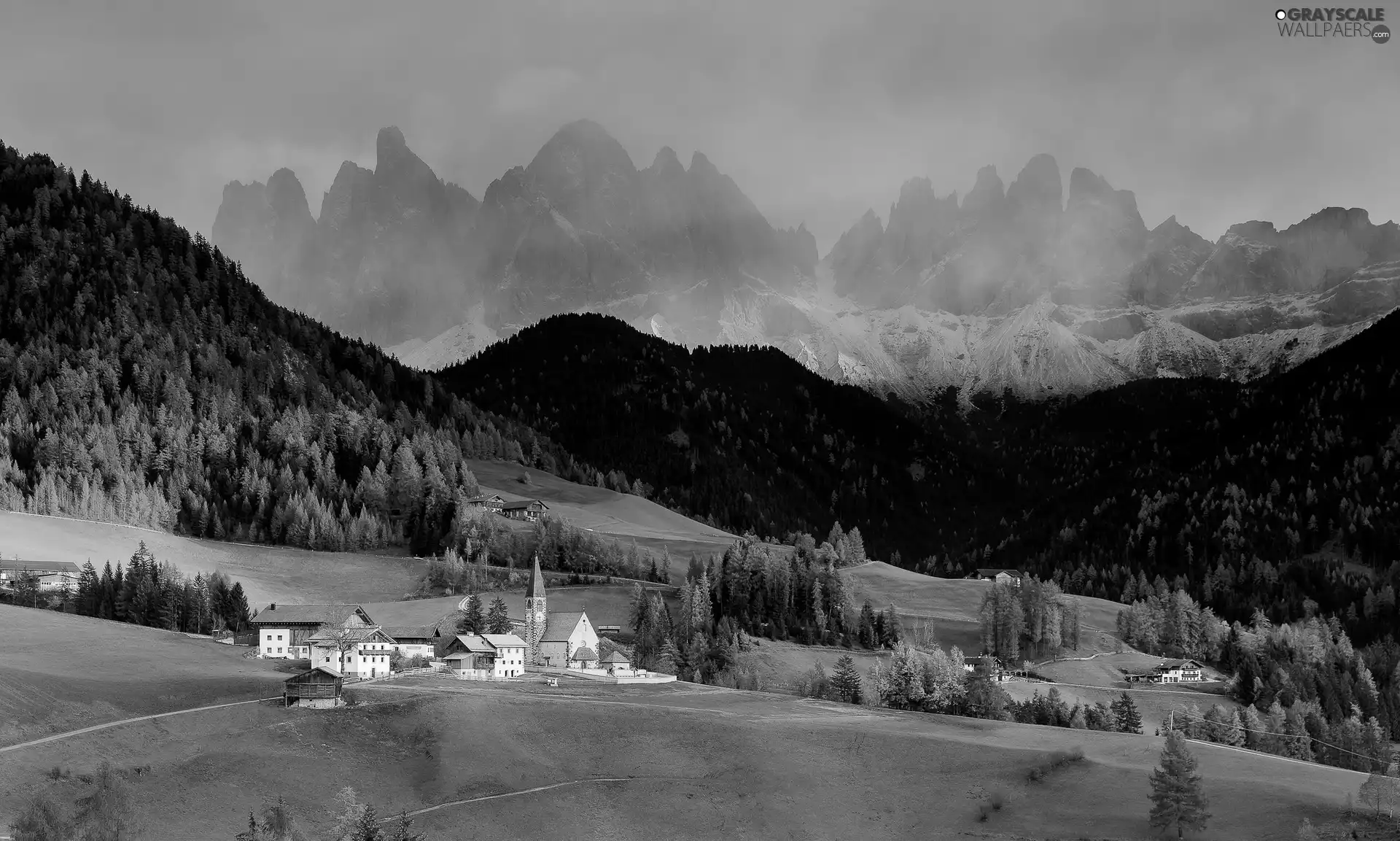 Houses, viewes, Church, Dolomites, Mountains, Fog, trees, Italy, clouds, woods, Val di Funes Valley, Village of Santa Maddalena