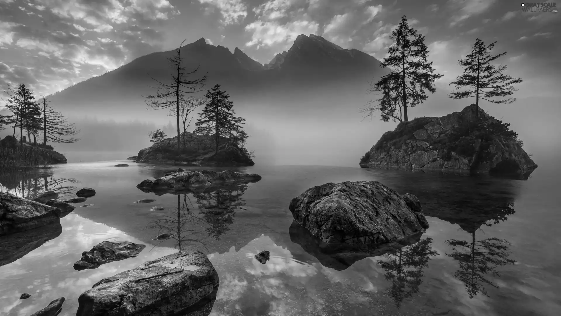 Stones, rocks, trees, Bavaria, viewes, Lake Hintersee, Islets, Germany, Fog, Alps Mountains