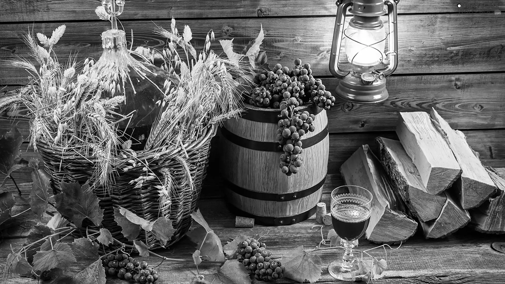 Demijohn, Nice Bottle, Wine, barrel, Wood, glass, Leaf, Oil Lamp, Grapes