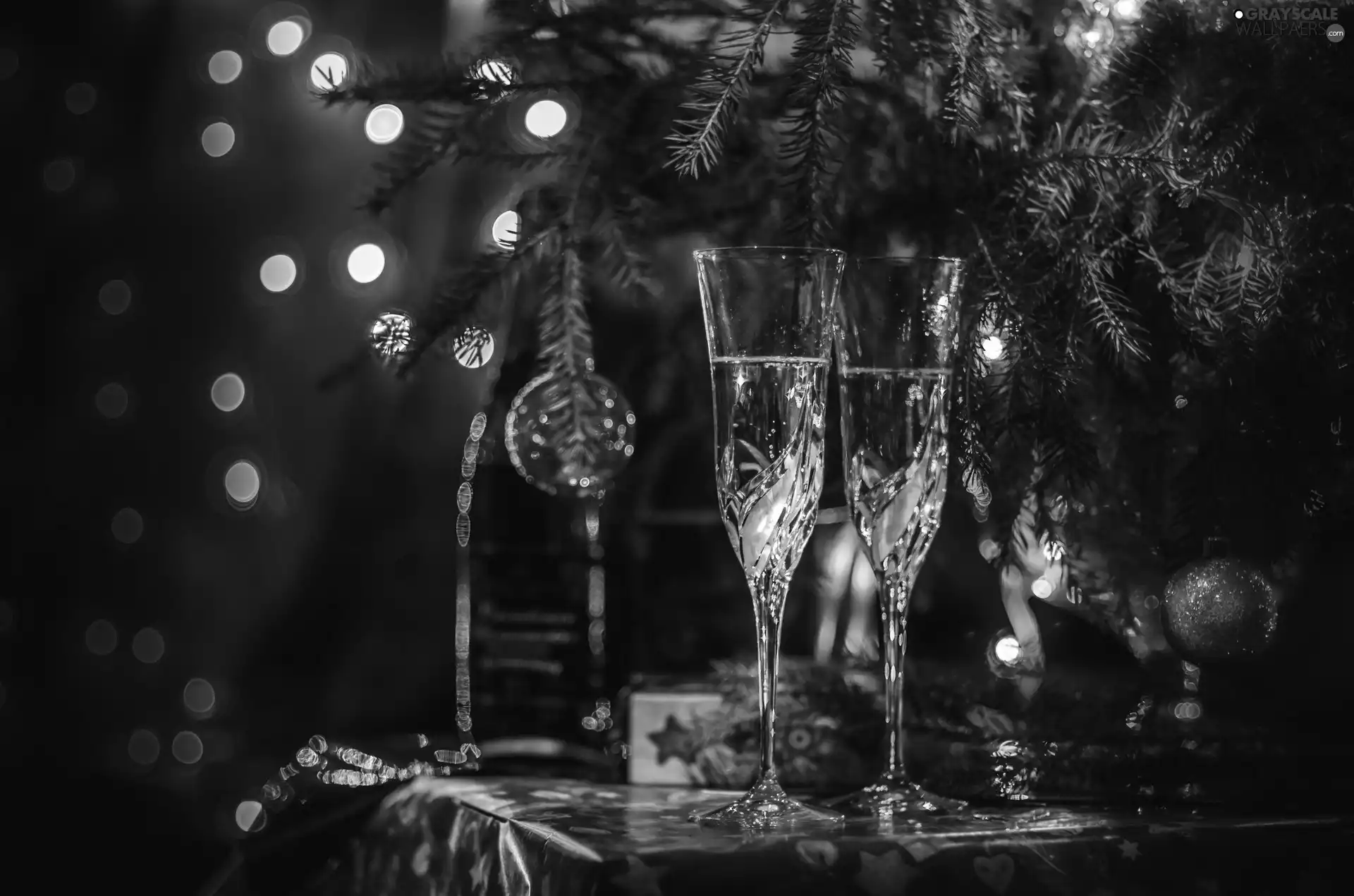 christmas tree, Champagne, glasses