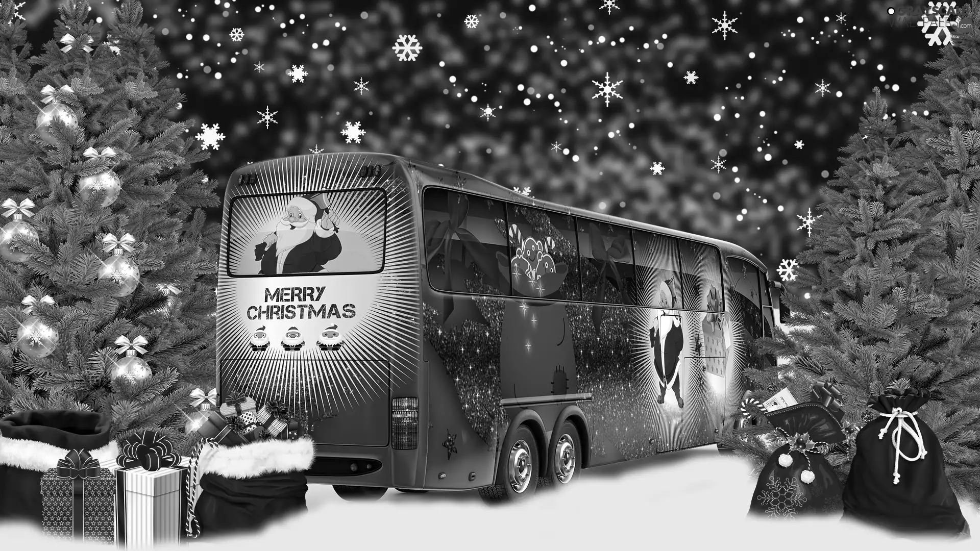 viewes, bus, gifts, trees, festive, christmas tree, graphics