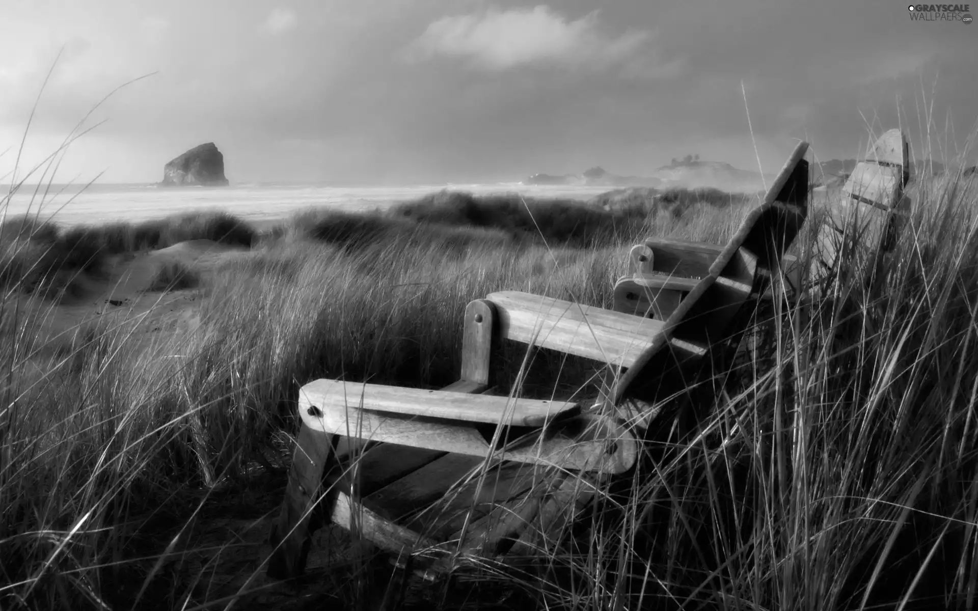 grass, sea, deck chair