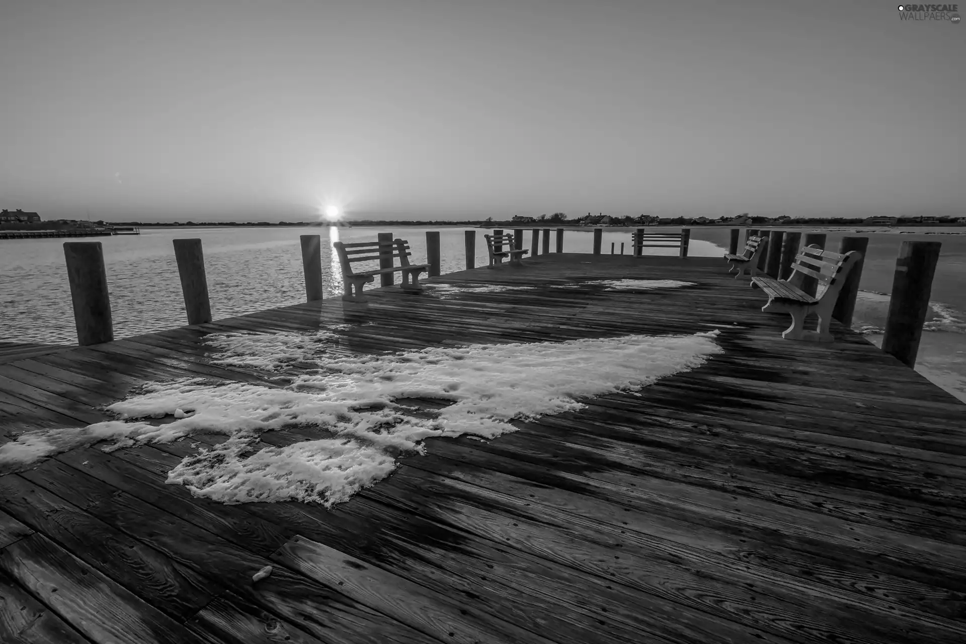 Great Sunsets, winter, bench, sea, pier