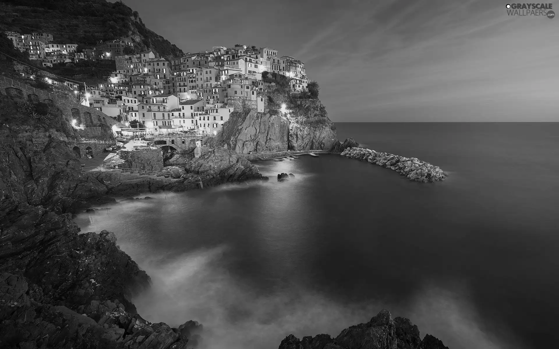 Riomaggiore Municipality, Italy, City of Manarola, Ligurian Sea, Gulf, rocks, Houses, light, Cinque Terre