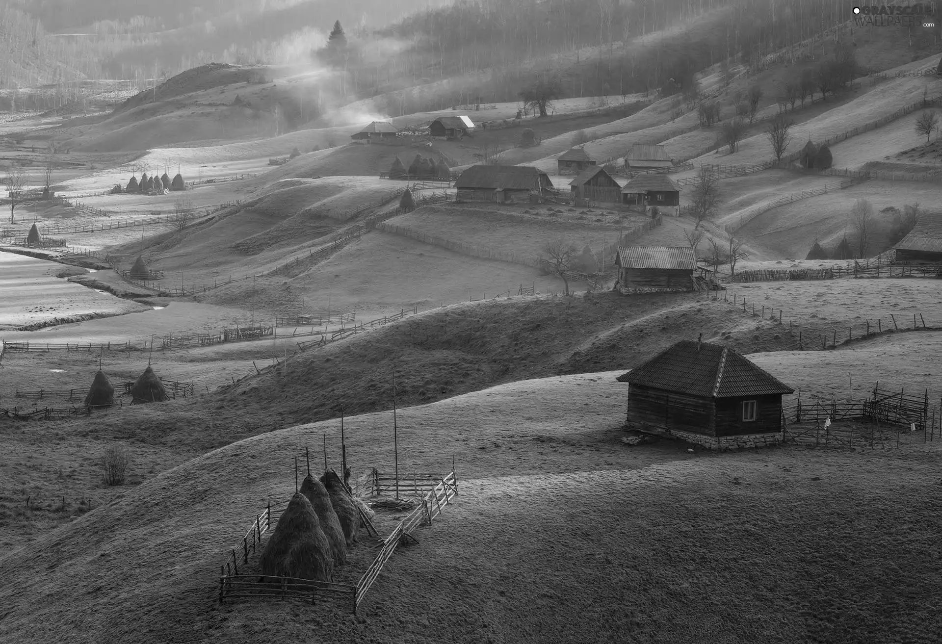hoarfrost, Houses, The Hills, morning, country