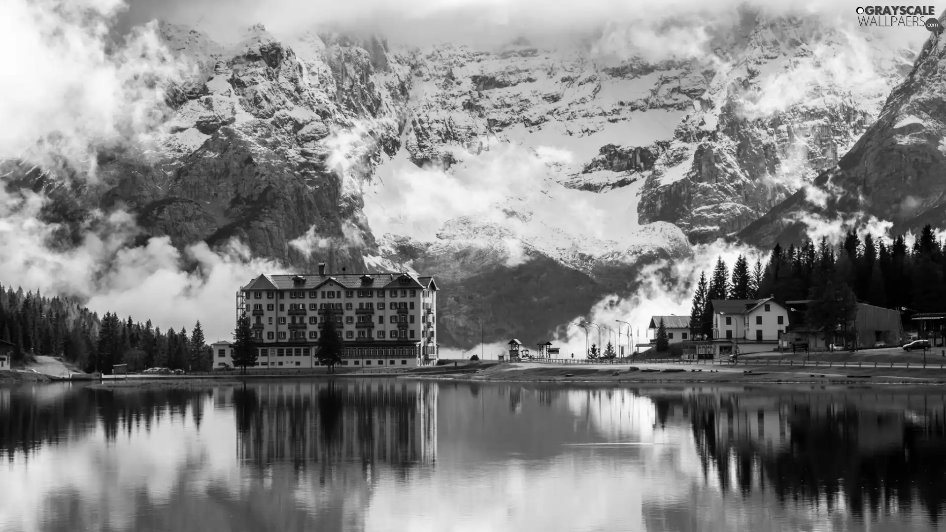 winter, Mountains, Hotel hall, lake