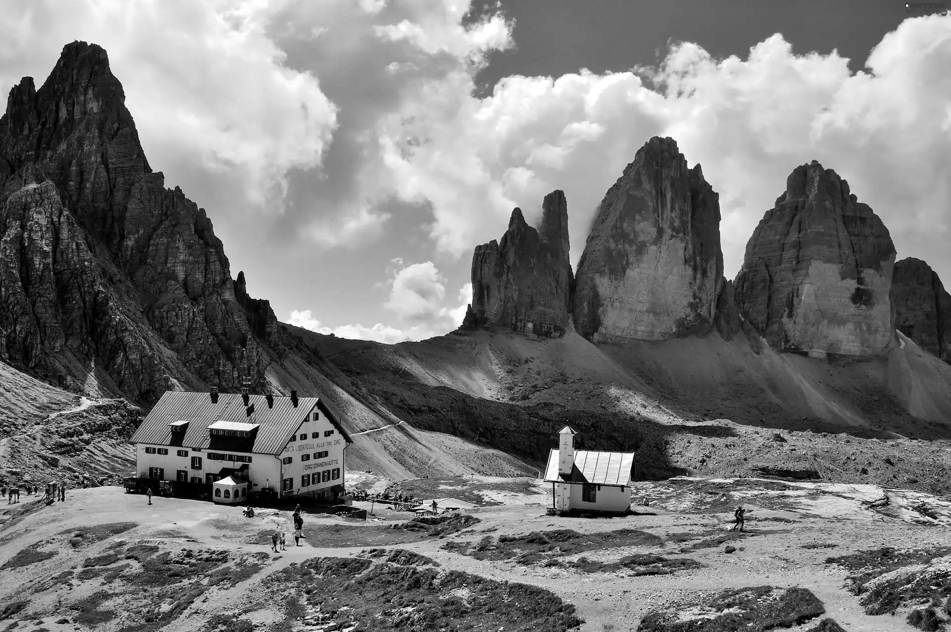 Houses, People, Italy, clouds, Mountains