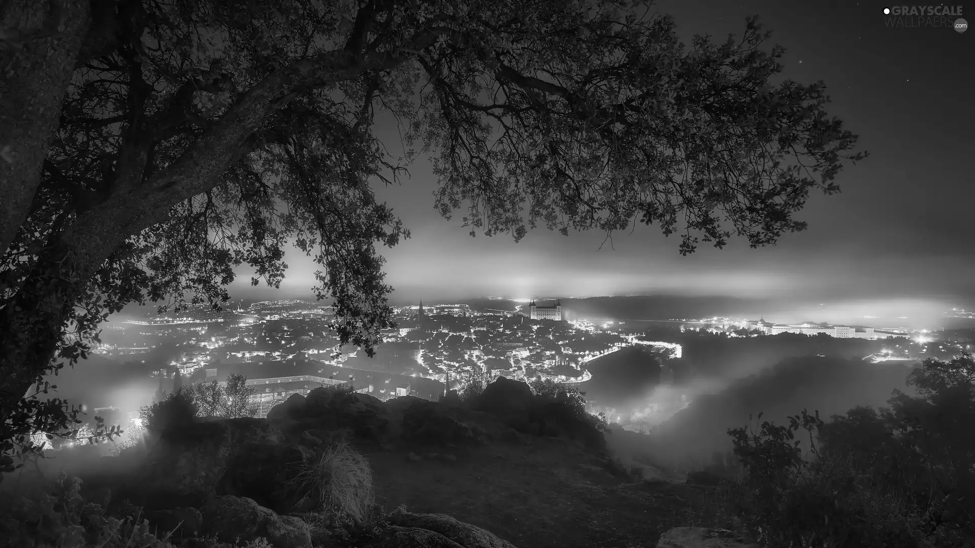 illuminated, The Hills, Town, Night, viewes, star, Fog, trees, Houses