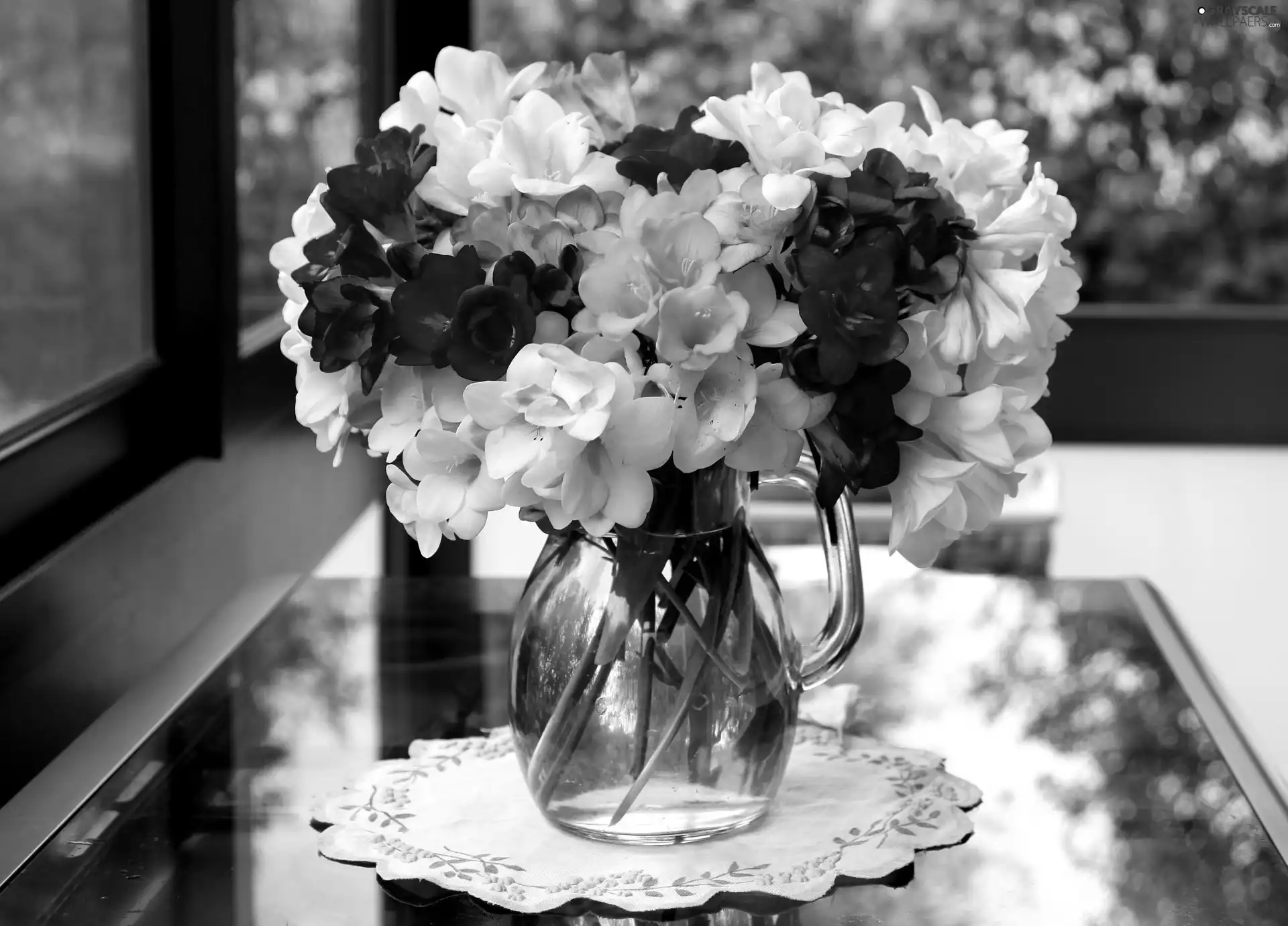 jug, napkin, Flowers, Freesias, bouquet