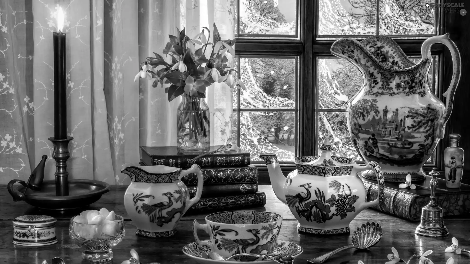 Flowers, porcelain, Books, service, cup, candle, Window, Jugs