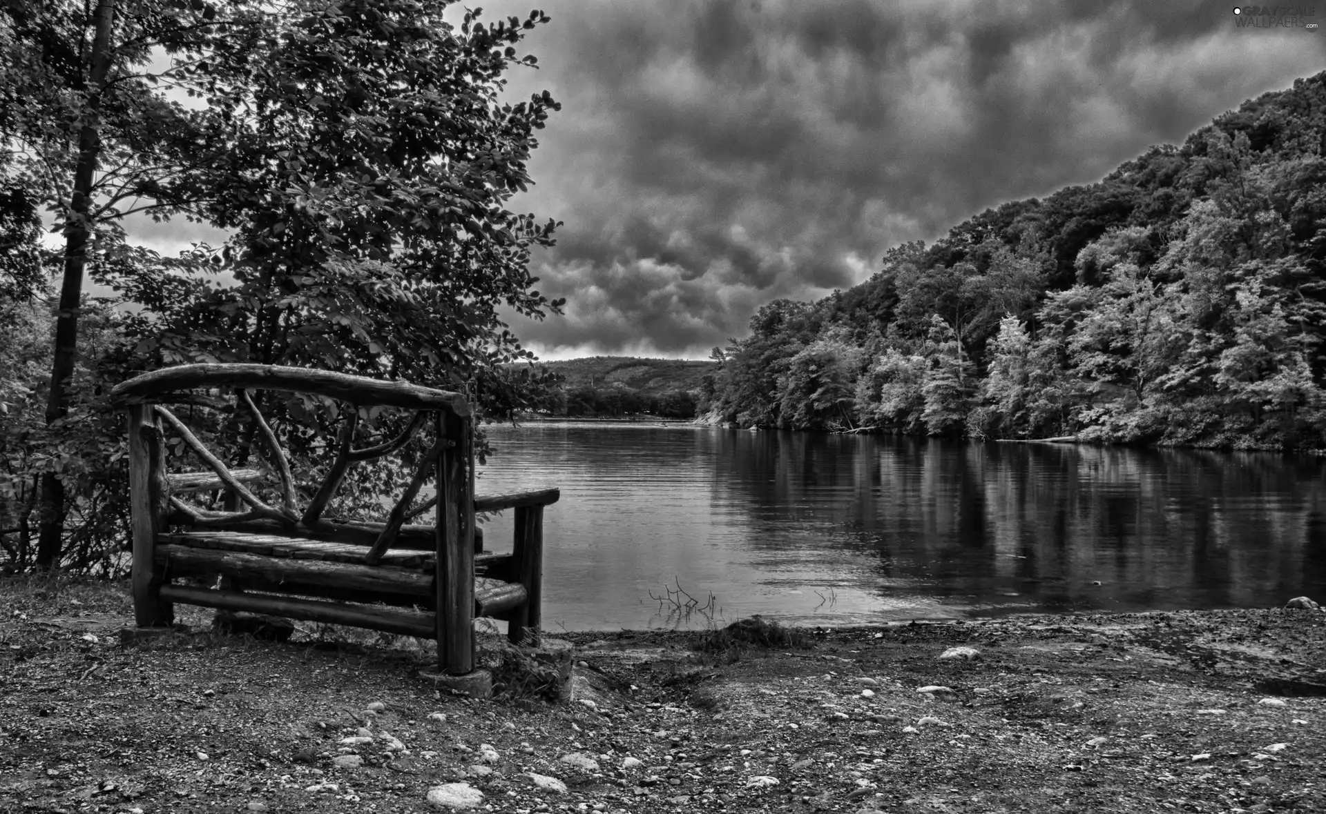 lake, Bench, Mountains, woods, clouds