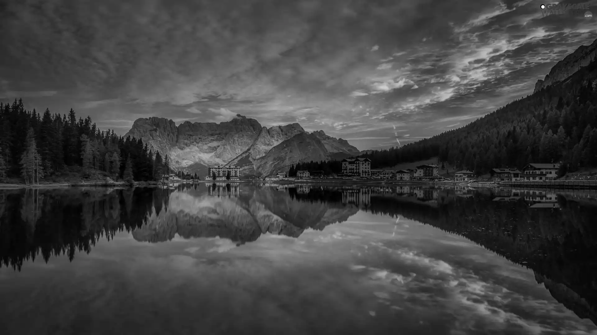 viewes, trees, reflection, Grand Hotel Misurina, Lake Misurina, clouds, Houses, Italy, Great Sunsets, forest, Dolomites, Mountains