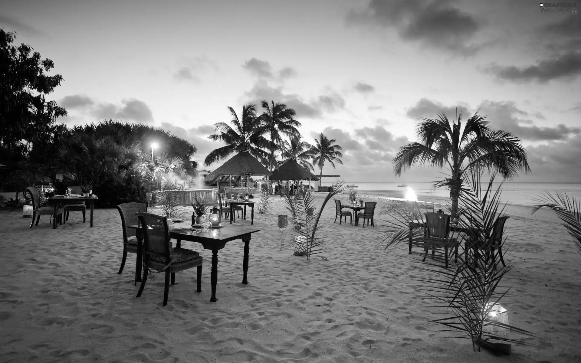 Houses, Palms, holiday, Tables, Tropical, sea, Beaches, Lanterns
