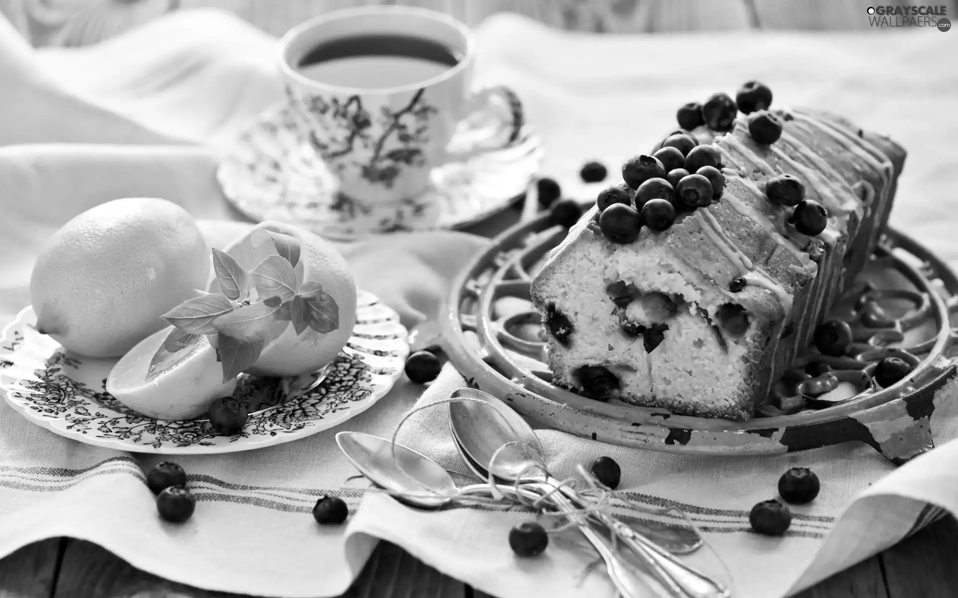 lemons, blueberries, Spoons, plate, tea-towel, cake, Fruitcake, cup