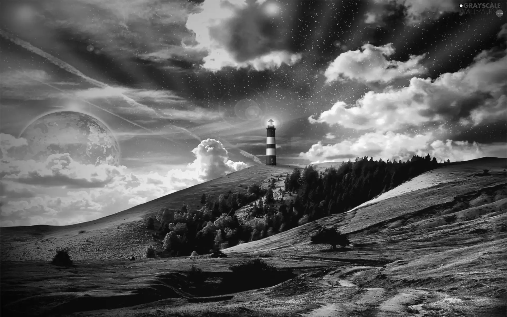 Lighthouse, clouds, Mountains