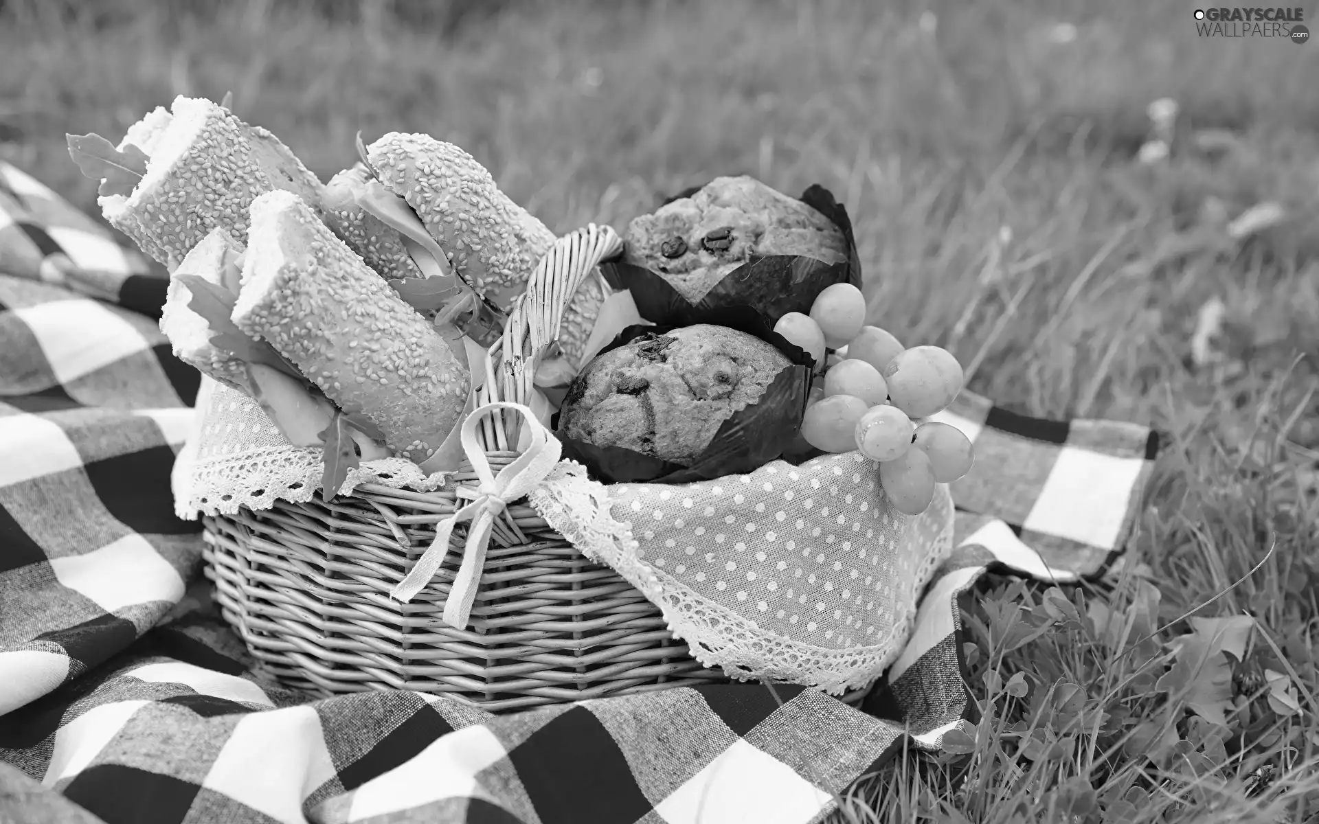 Meadow, picnic, grass, coverlet, sandwiches, muffins, basket, bread, wicker
