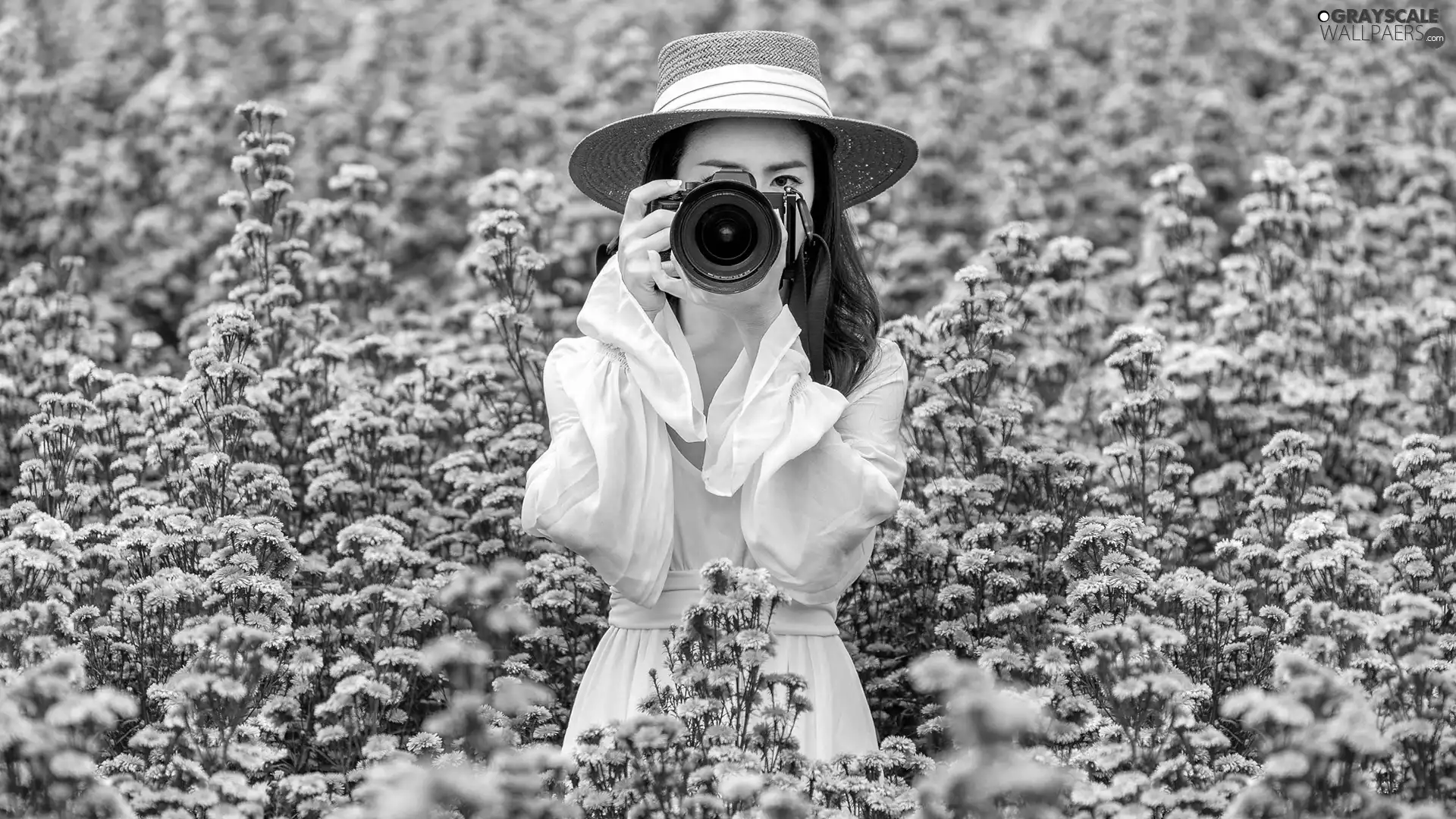 Camera, Hat, Flowers, dress, Blue, Asian, girl, Meadow
