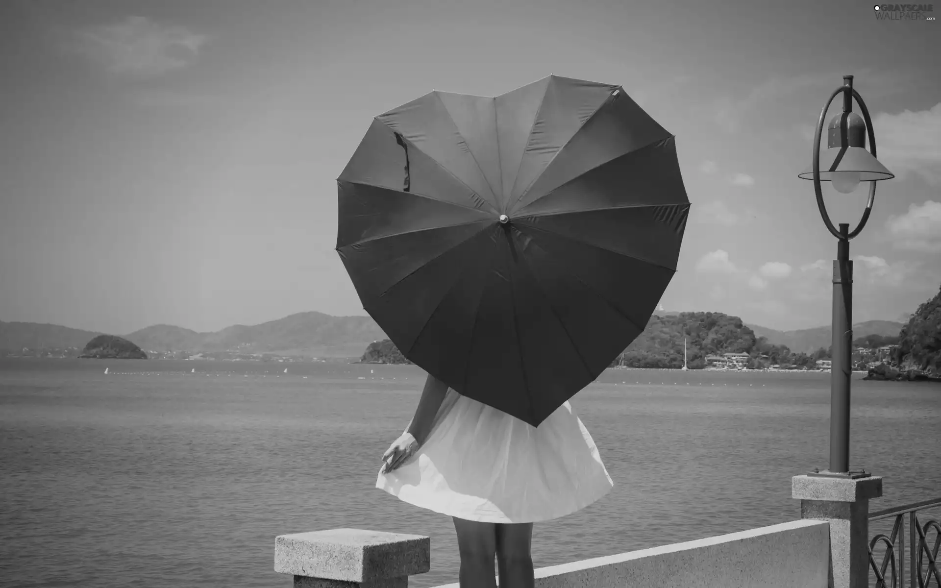 girl, lake, Mountains, Umbrella