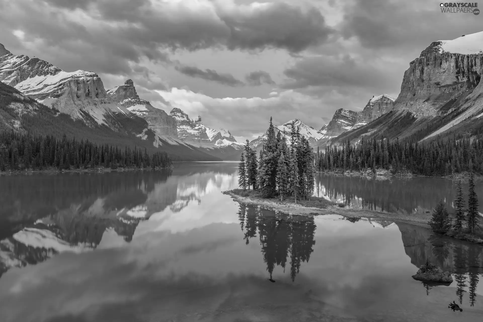 Maligne Lake, trees, Canada, viewes, Alberta, Mountains, Jasper National Park, clouds