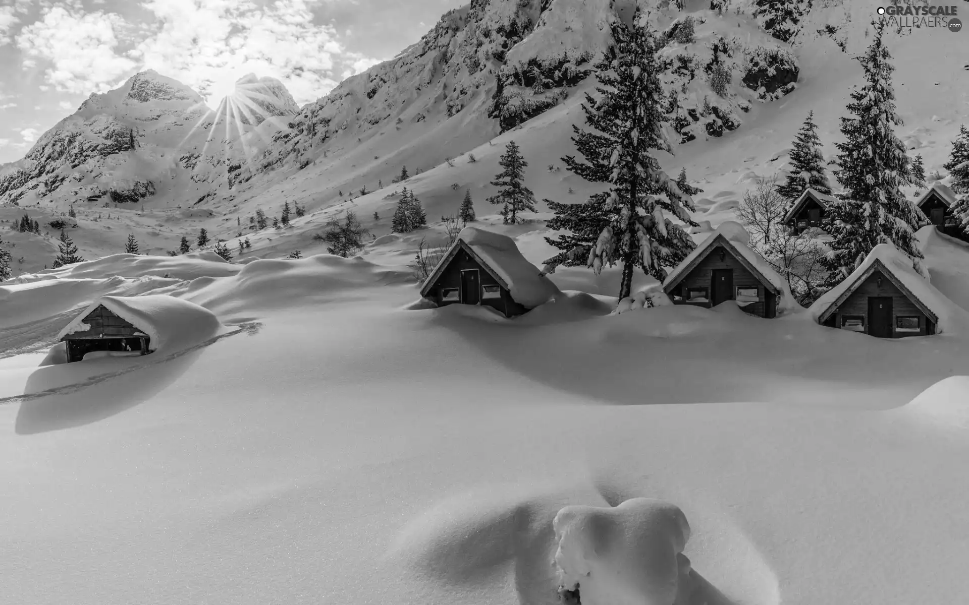 drifts, snow, huts, viewes, Houses, winter, Mountains, rays of the Sun, trees, car in the meadow