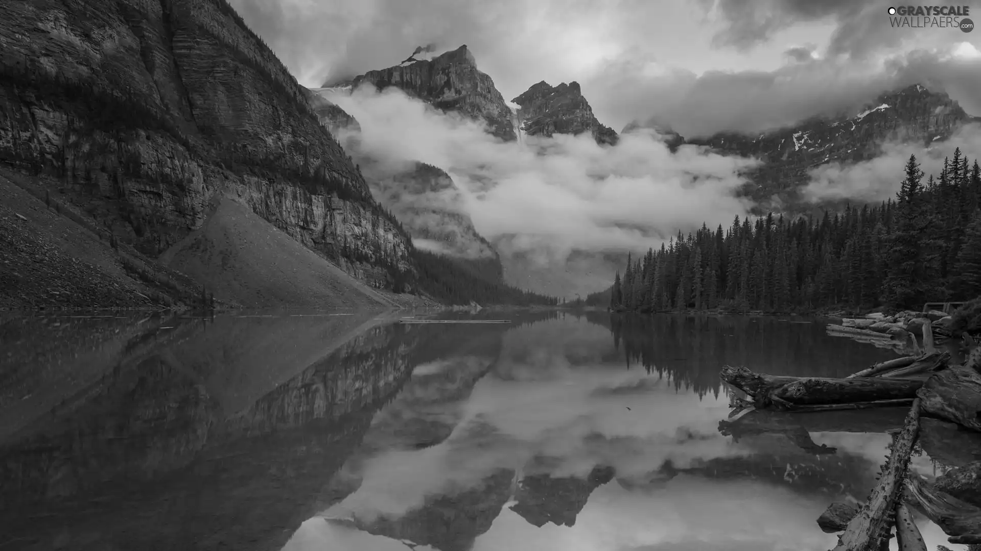 Banff National Park, Lake Moraine, clouds, Mountains, viewes, Alberta, Canada, trees