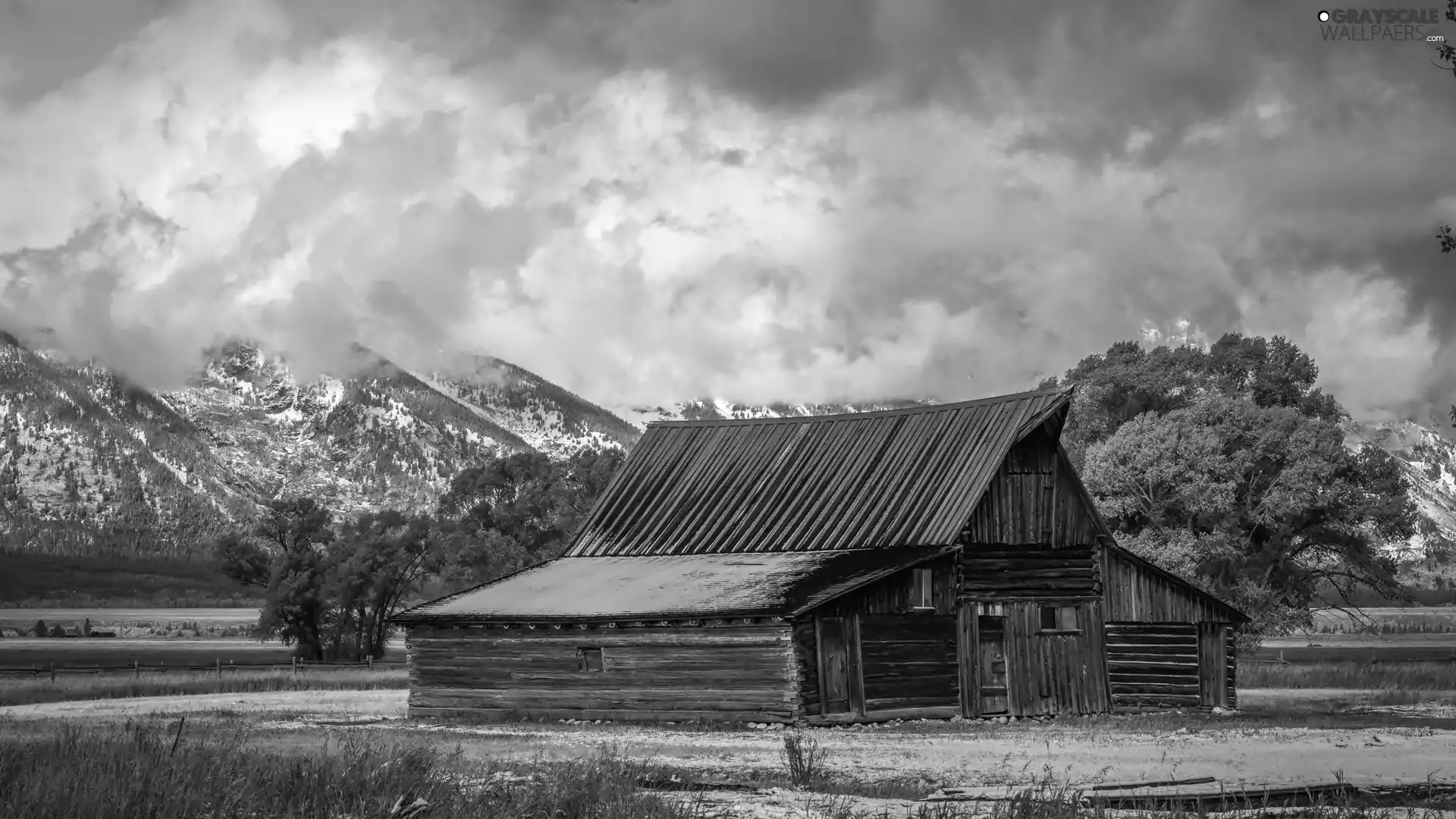 clouds, cottage, Teton Range Mountains, State of Wyoming, trees, Wooden, Barn, The United States, Grand Teton National Park, viewes