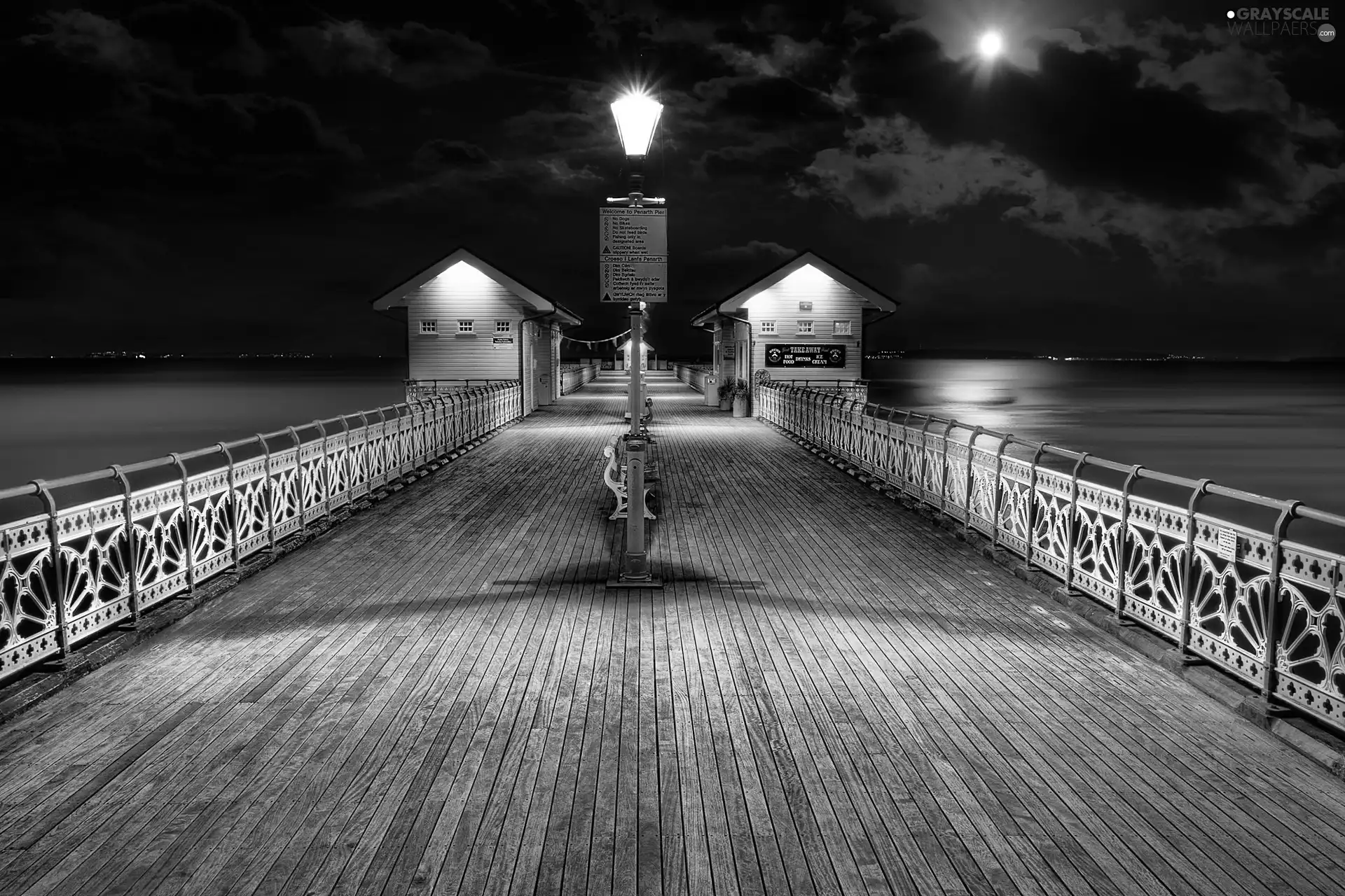 Night, pier, Lighthouse
