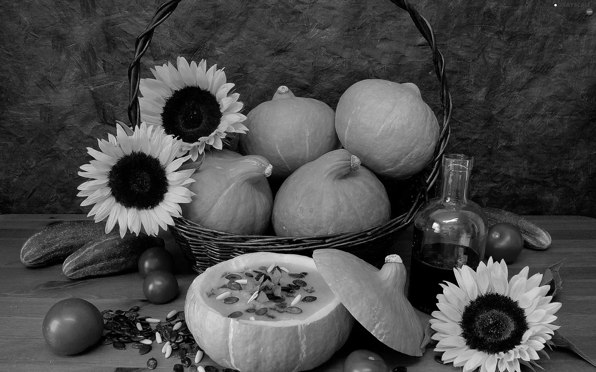 oil, composition, Nice sunflowers, vegetables, pumpkin