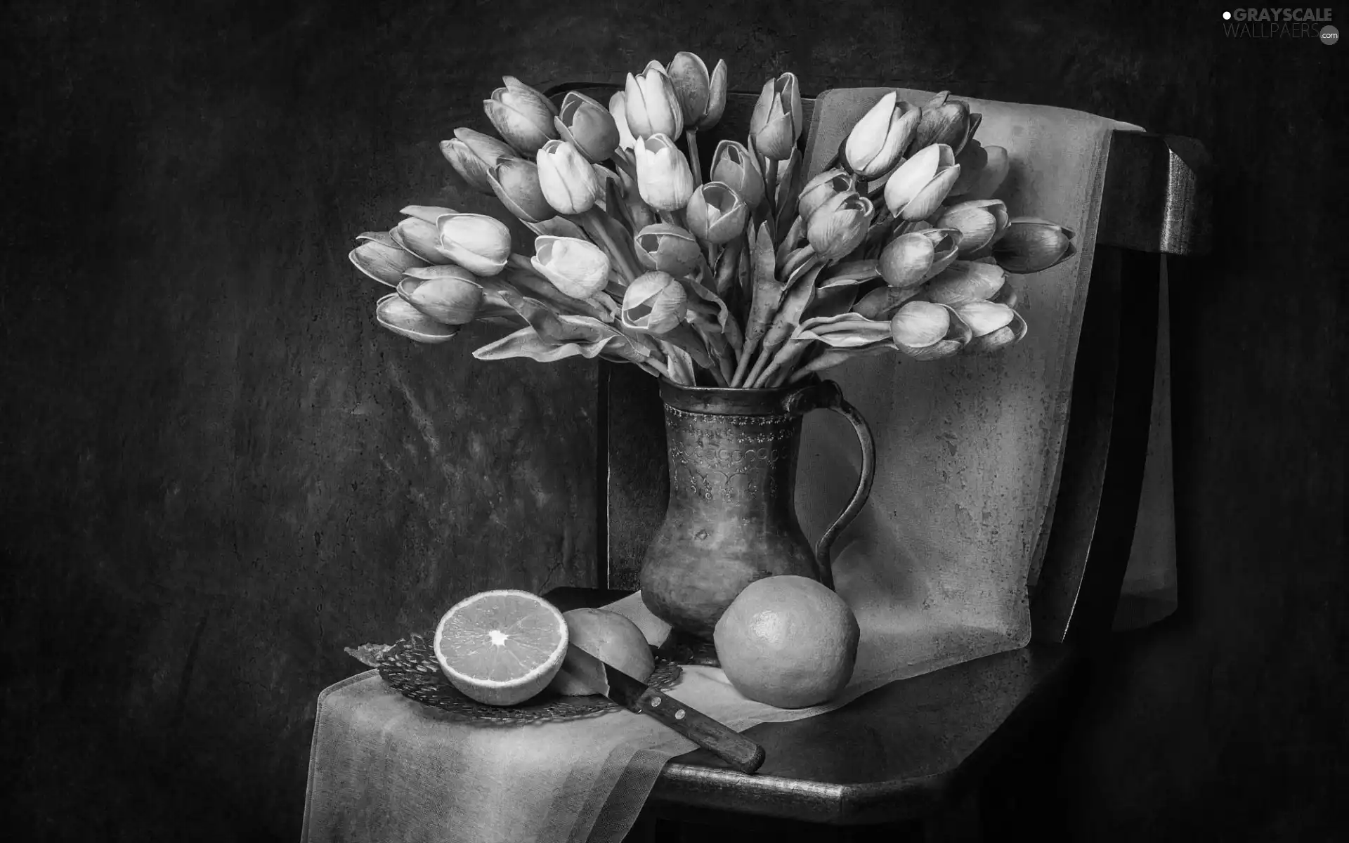 Tulips, Flowers, Chair, orange, jug, bouquet