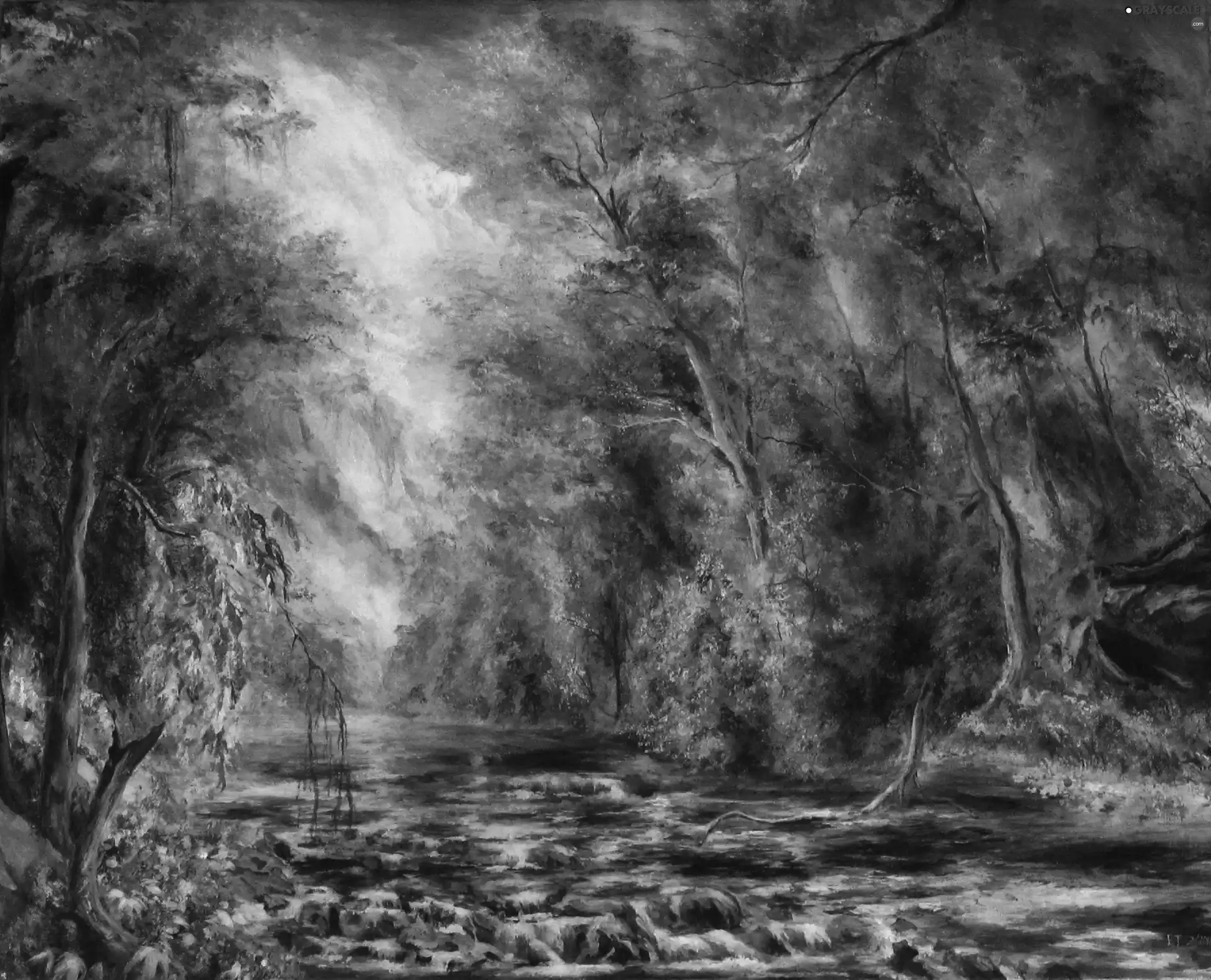 painting, forest, River