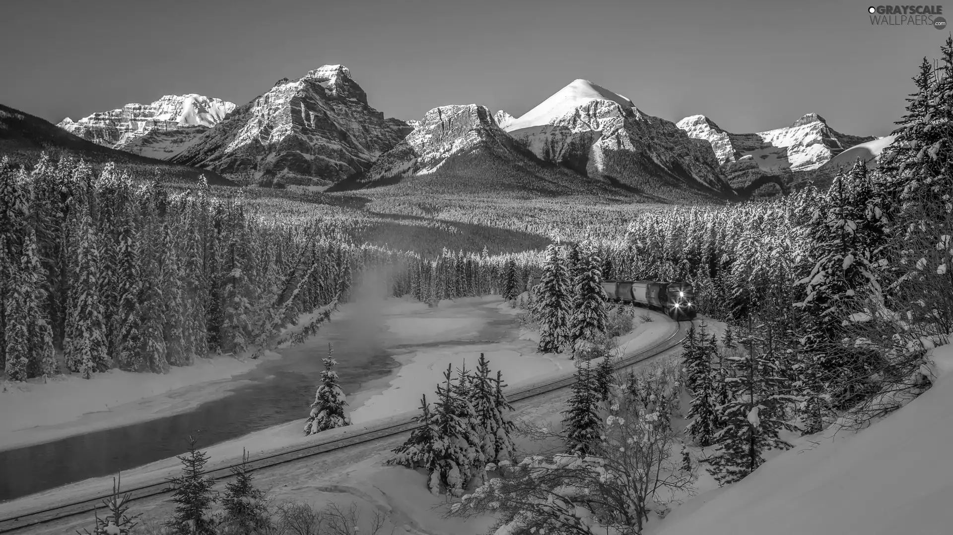 woods, Train, River, Canada, Banff National Park, Mountains, winter, rocky mountains