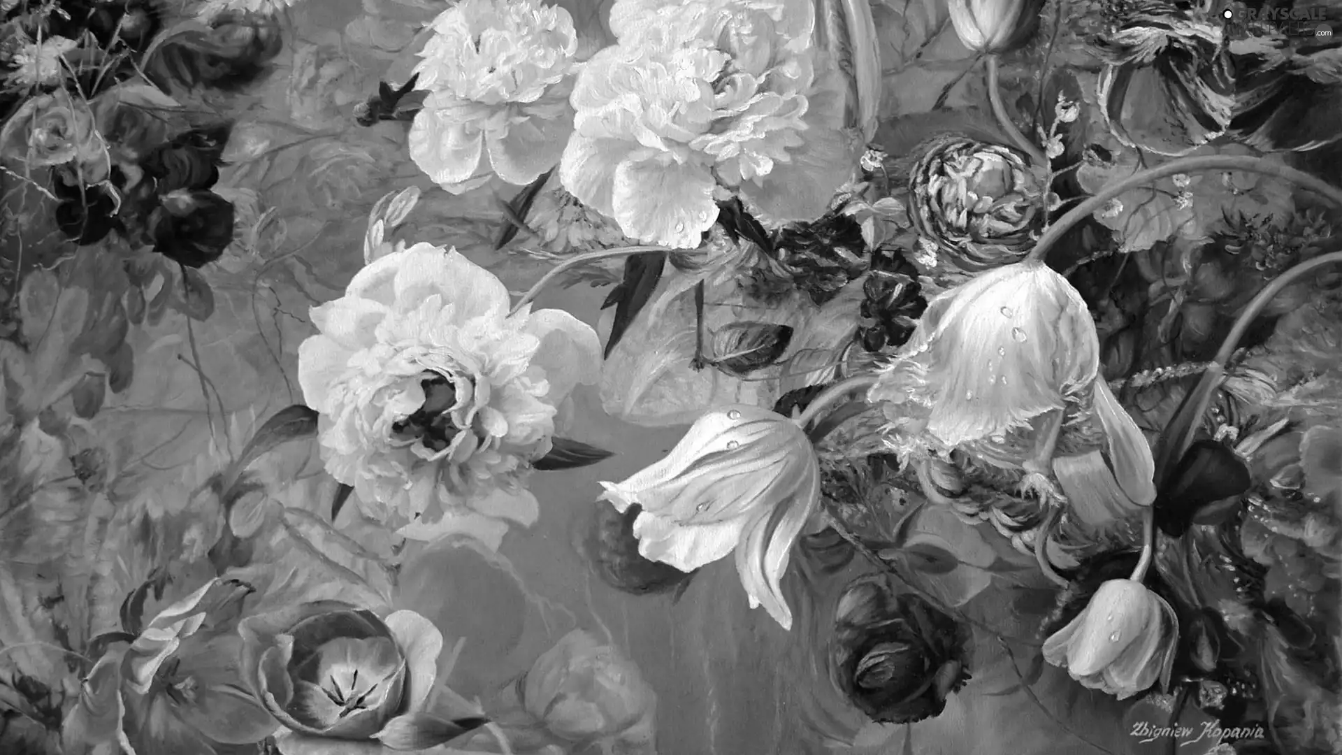 Flowers, picture, Tulips, Zbigniew Kopania, painting, roses, Peonies