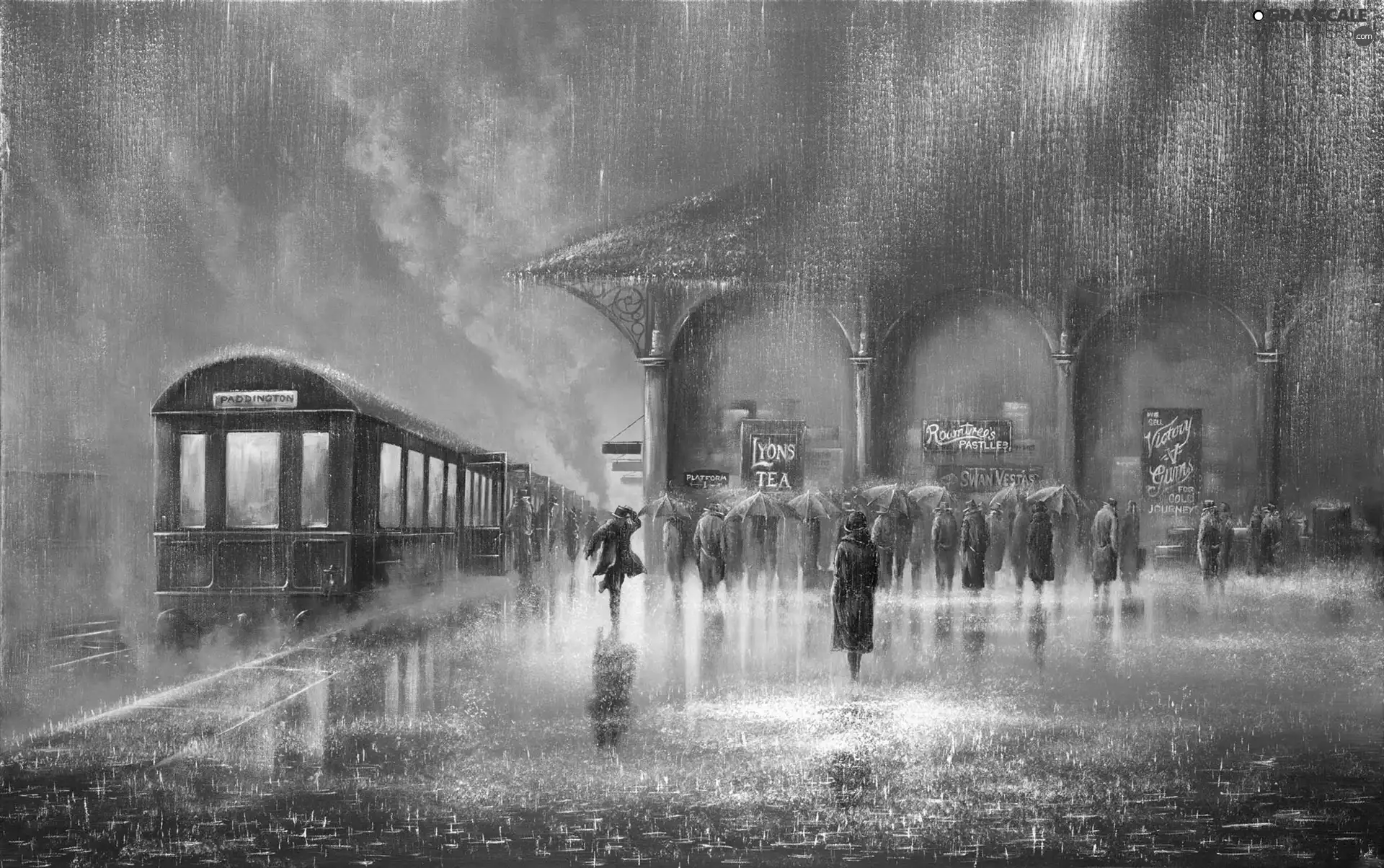 Train, picture, People, Sunshade, Rain, platform