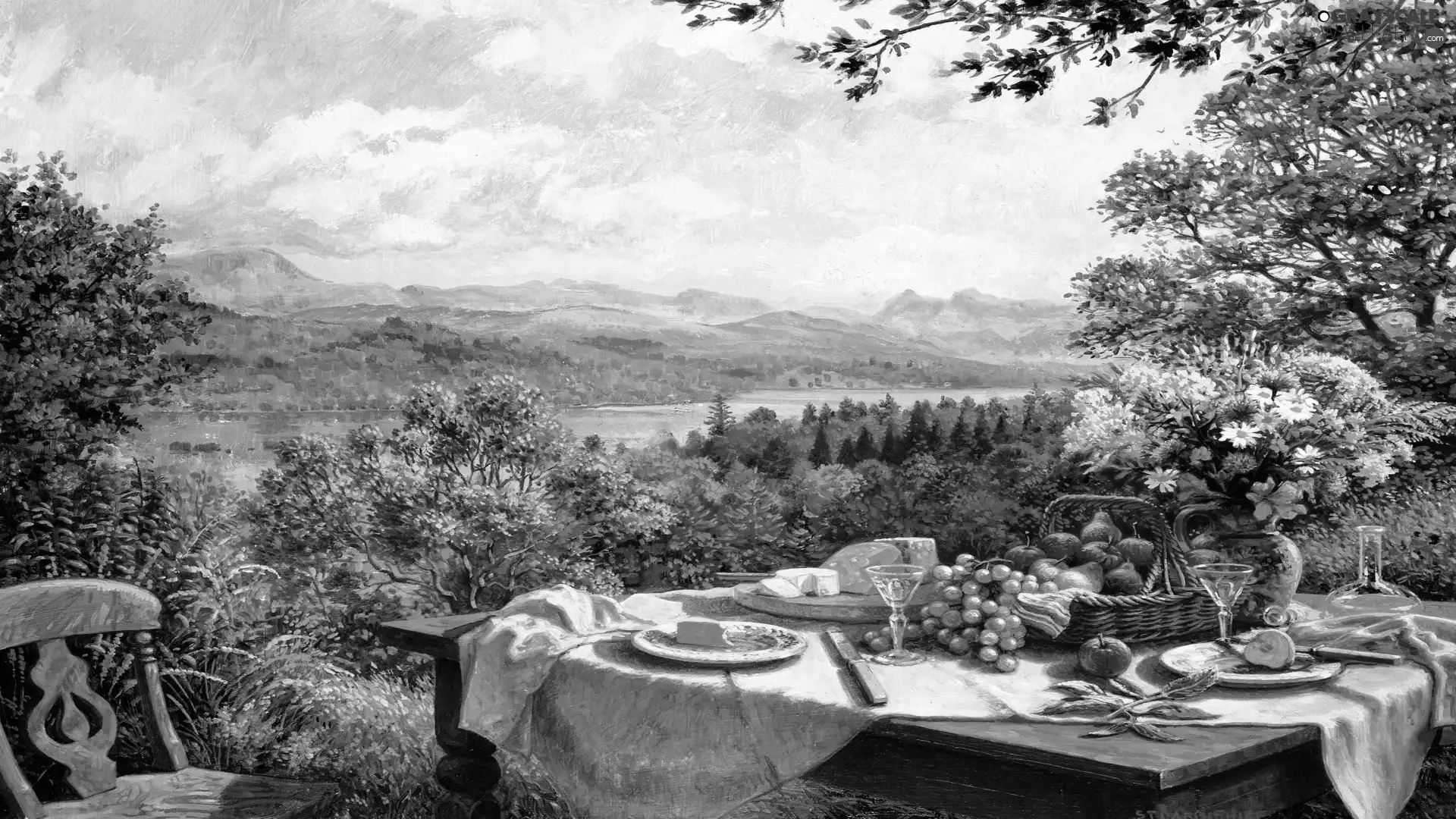 Table, landscape, picture, breakfast