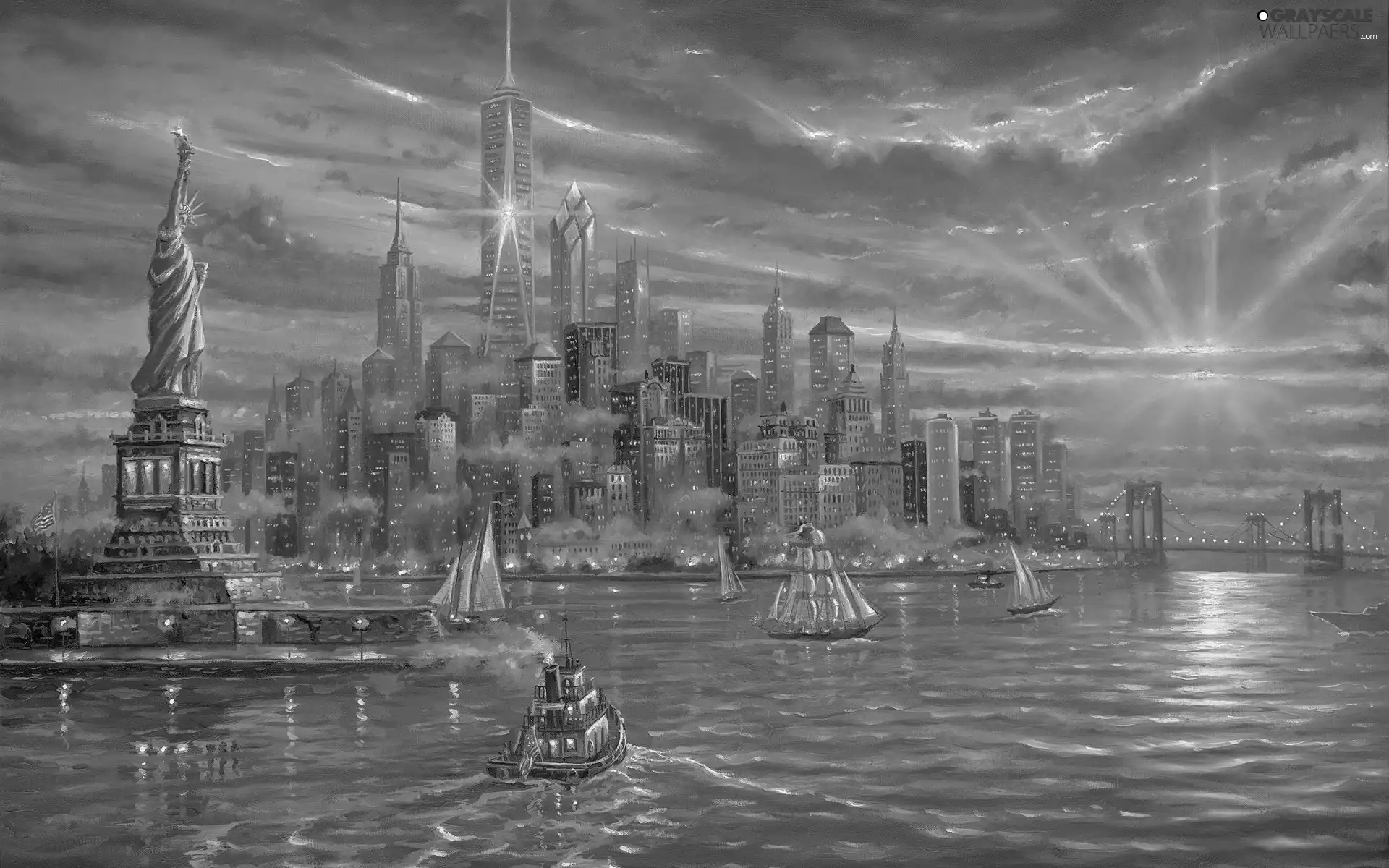 vessels, Gulf, Yachts, Statue of Liberty, New York, Sailboats, Great Sunsets, painting, House, sea, Robert Finale, picture