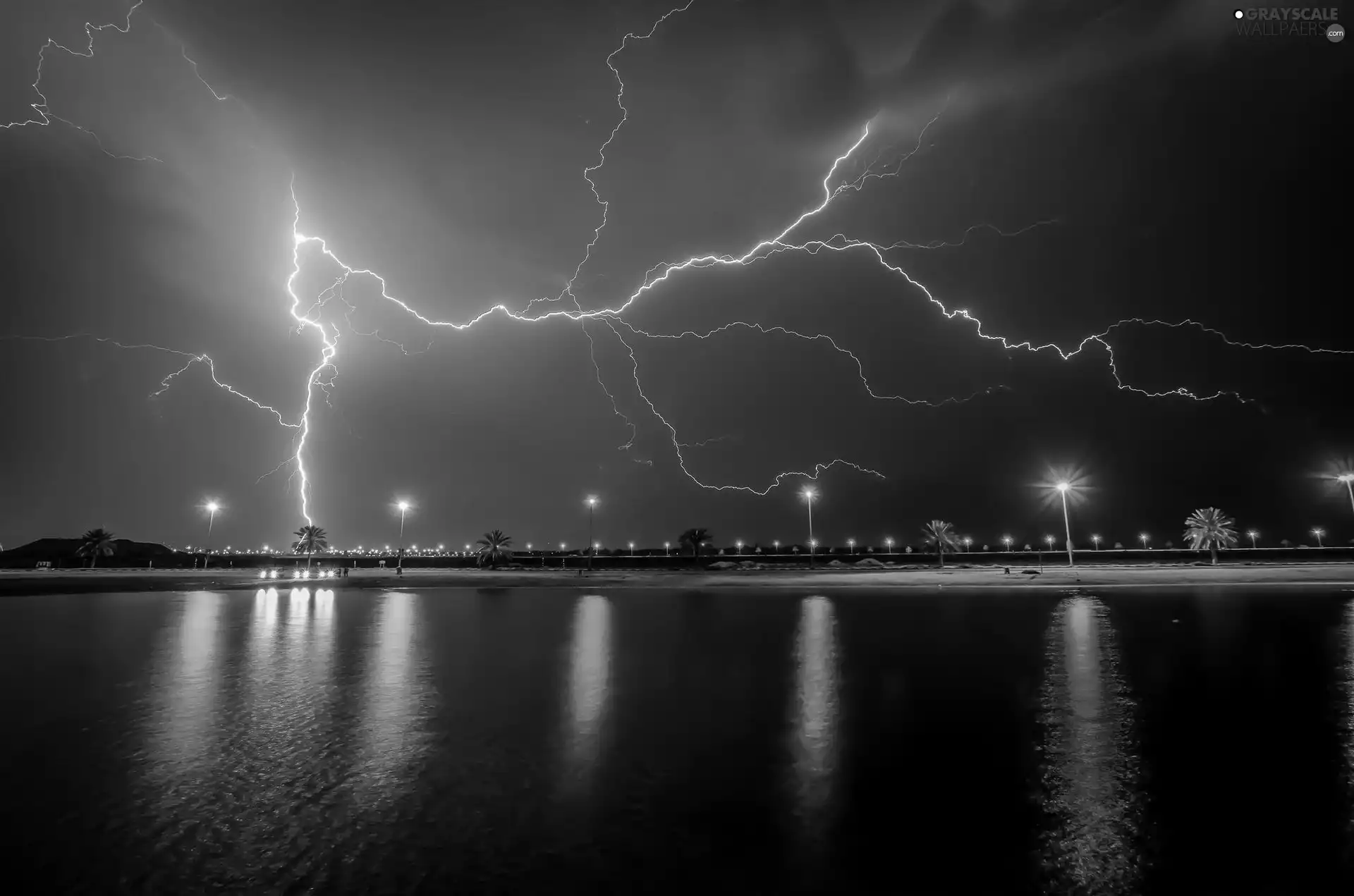 pier, lightning, sea